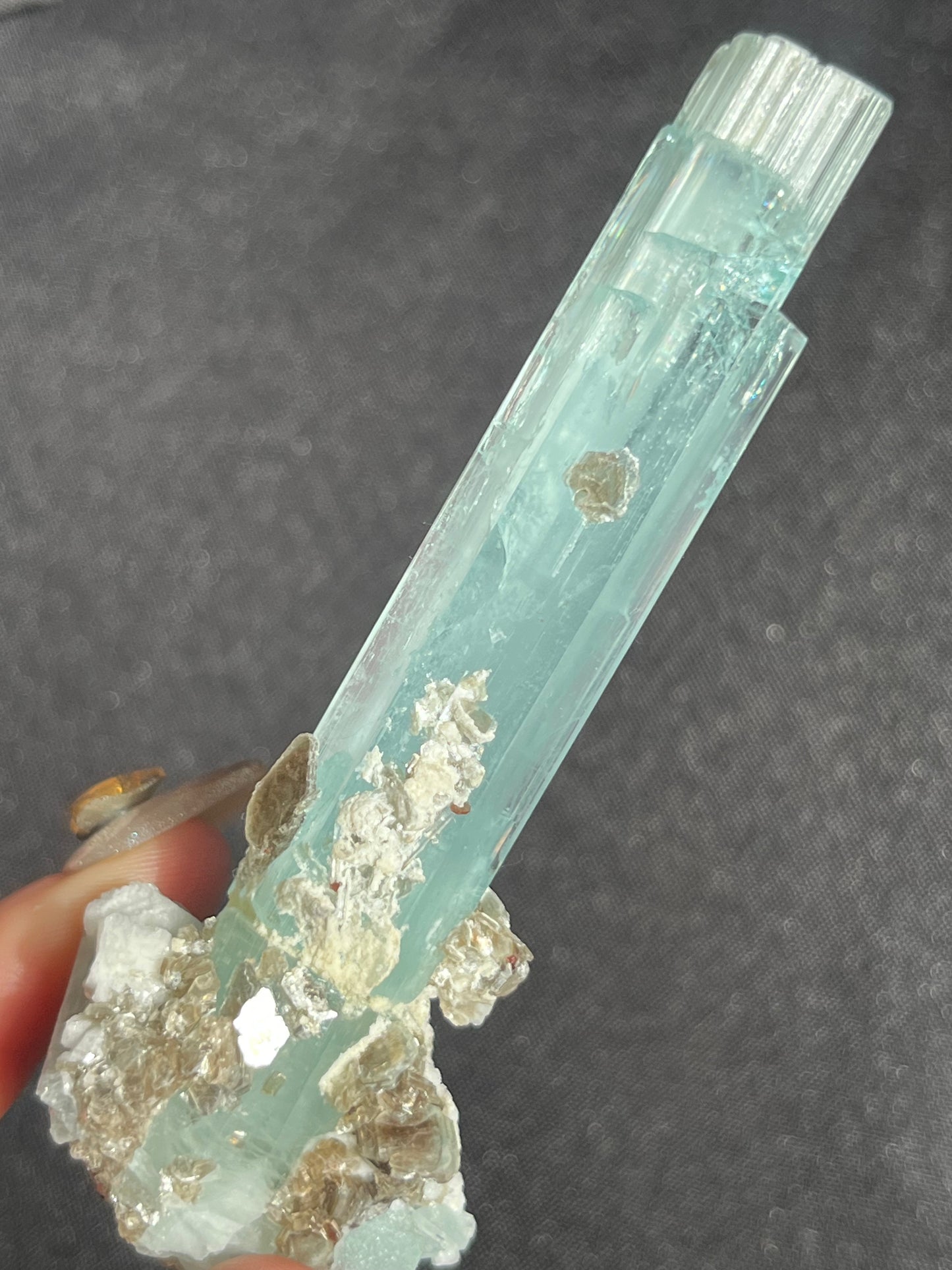 Aquamarine with Spessartine Garnet, Muscovite, Feldspar and Smokey Quartz Specimen F (Repair at Base)