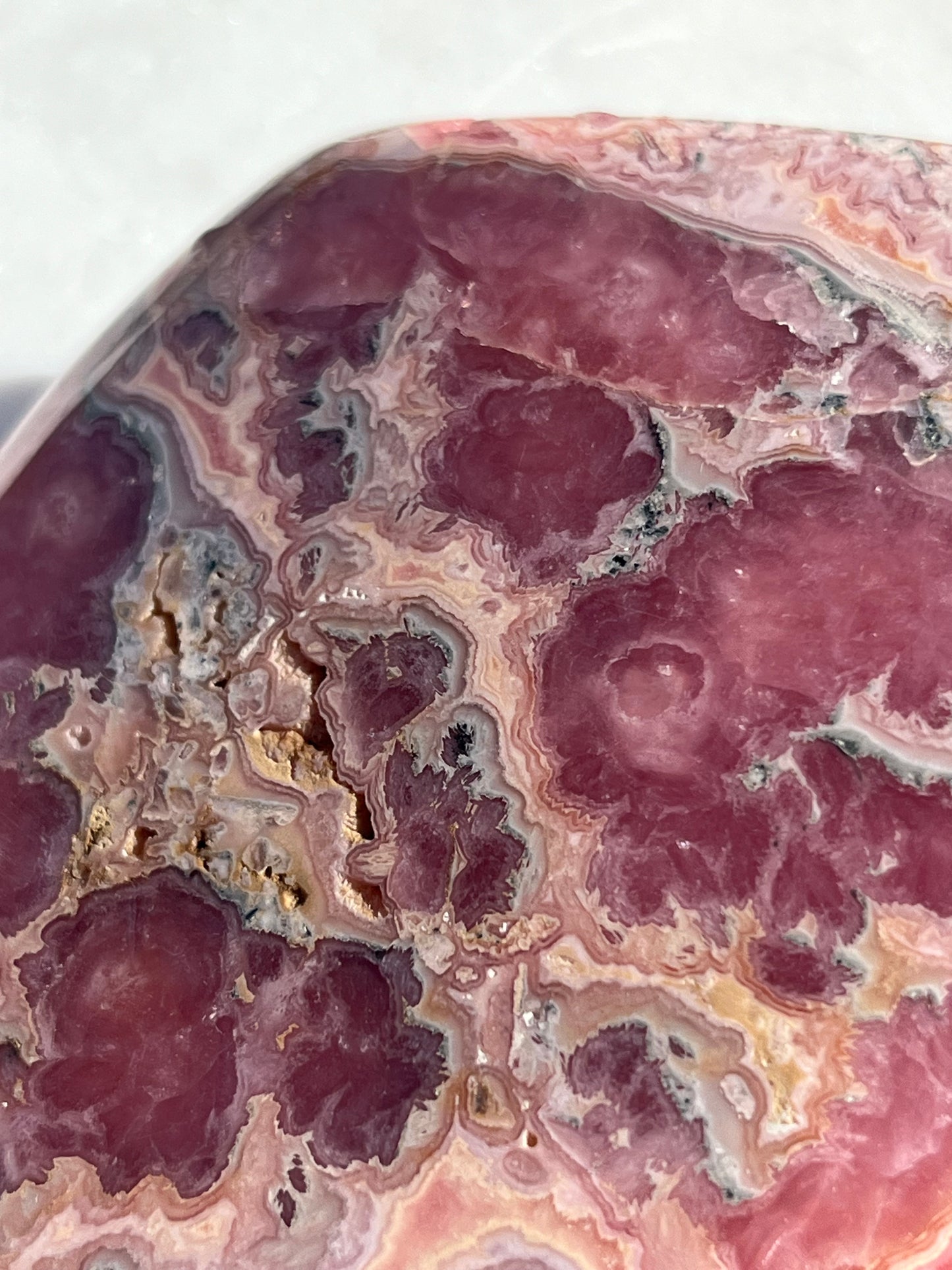 ‘Haven’ Polished Rhodochrosite Vug Freeform w/Terminated Calcite #1