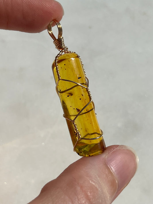 Colombian Amber w/Insects 14kt Gold Wire Wrap Pendant