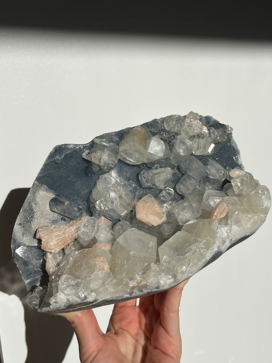 Blue Chalcedony and Apophyllite with Peach Stilbite Standing Geode Specimen A