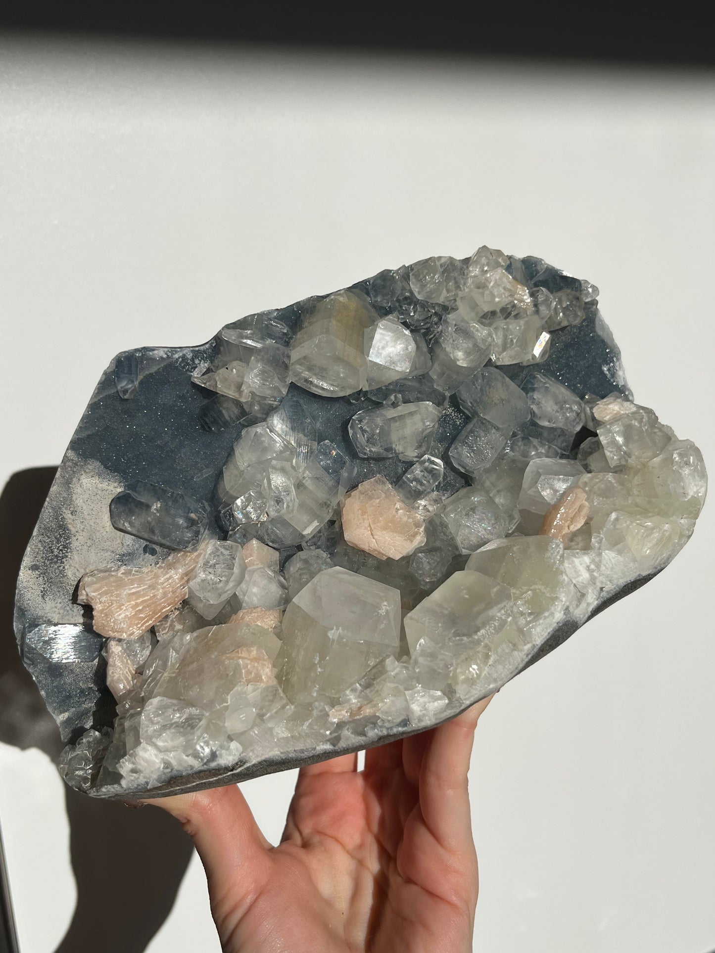 Blue Chalcedony and Apophyllite with Peach Stilbite Standing Geode Specimen A
