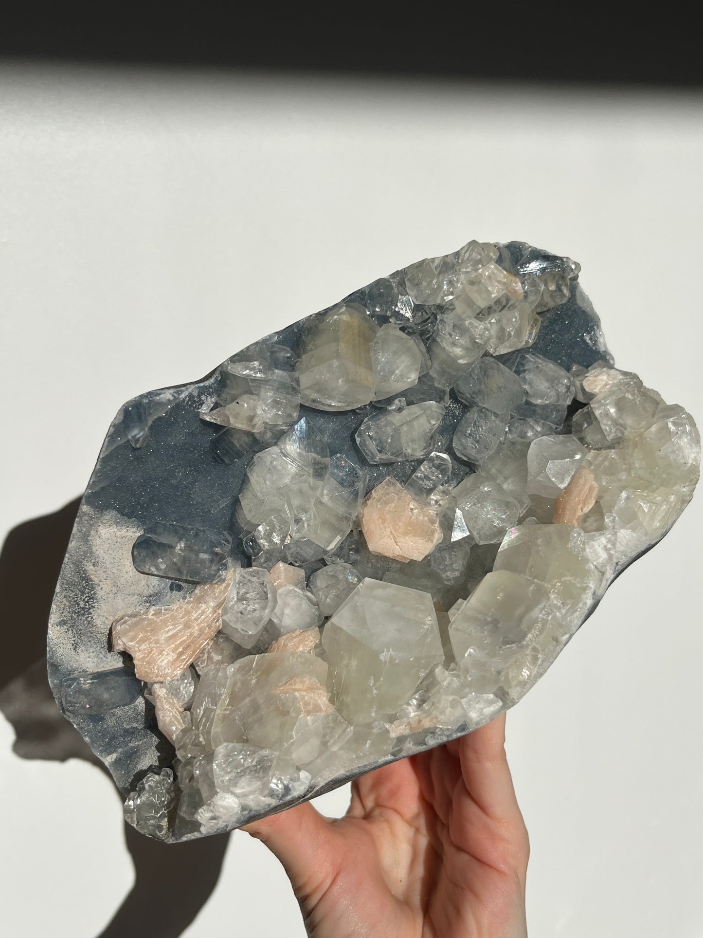 Blue Chalcedony and Apophyllite with Peach Stilbite Standing Geode Specimen A