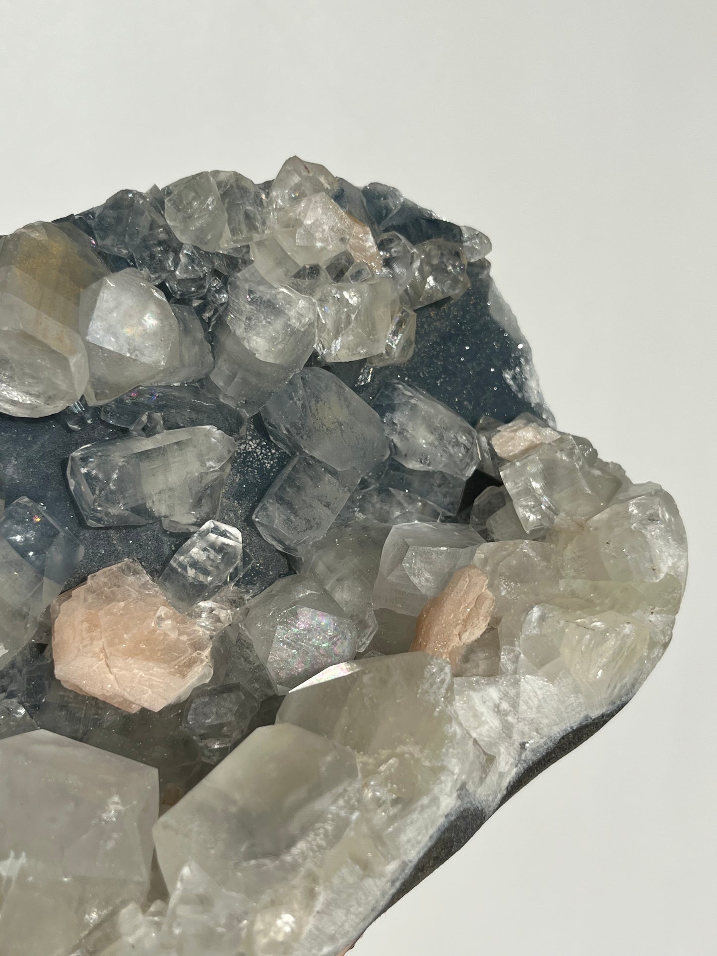 Blue Chalcedony and Apophyllite with Peach Stilbite Standing Geode Specimen A