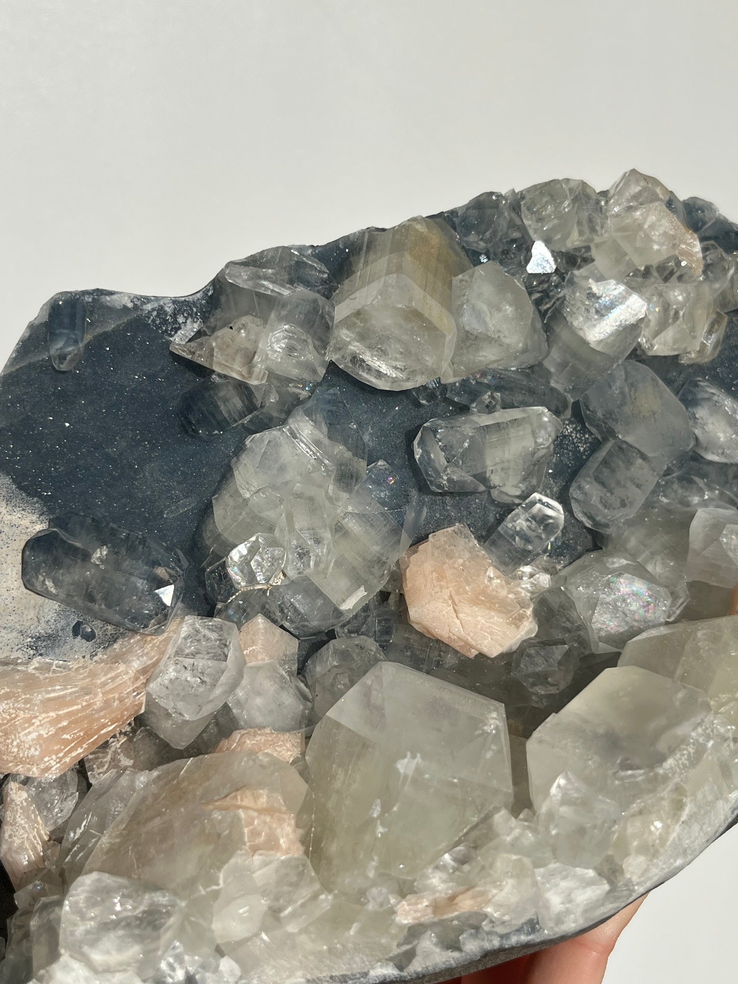 Blue Chalcedony and Apophyllite with Peach Stilbite Standing Geode Specimen A