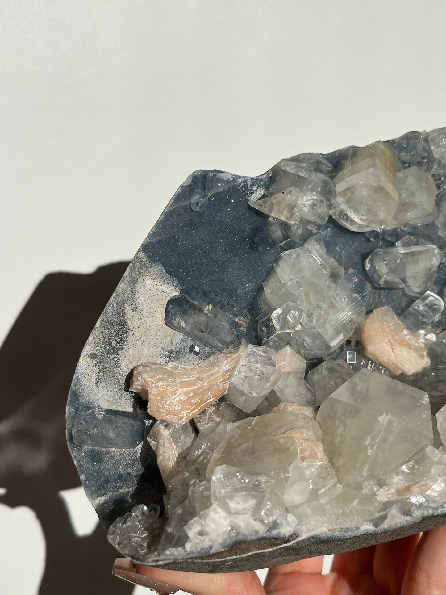 Blue Chalcedony and Apophyllite with Peach Stilbite Standing Geode Specimen A