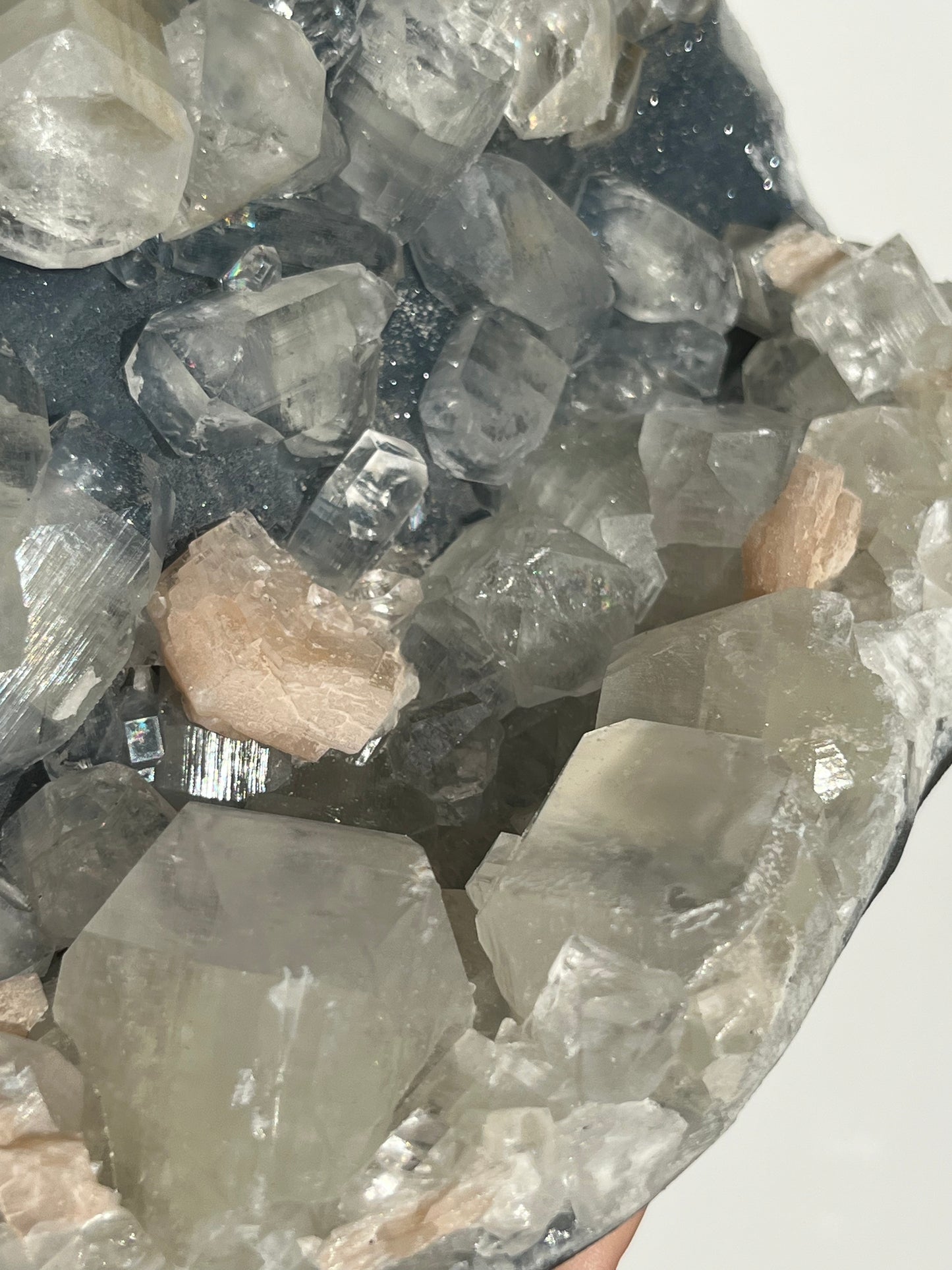 Blue Chalcedony and Apophyllite with Peach Stilbite Standing Geode Specimen A