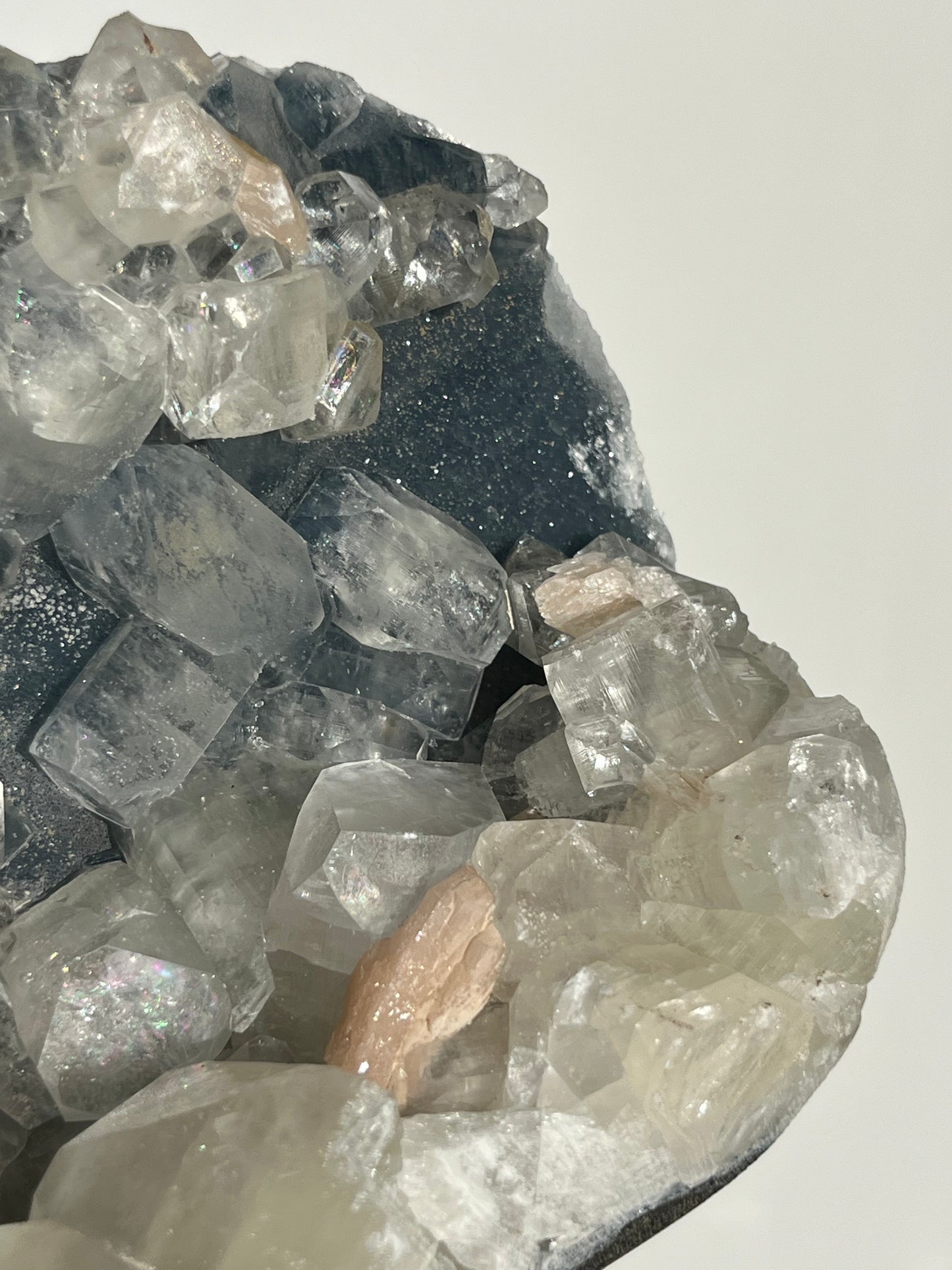 Blue Chalcedony and Apophyllite with Peach Stilbite Standing Geode Specimen A