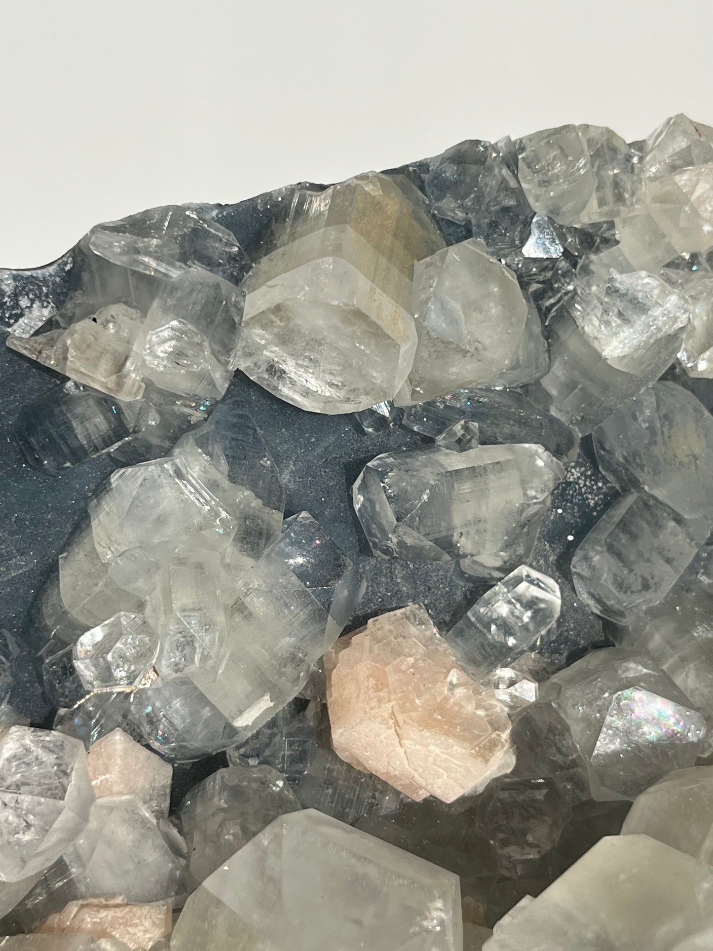 Blue Chalcedony and Apophyllite with Peach Stilbite Standing Geode Specimen A
