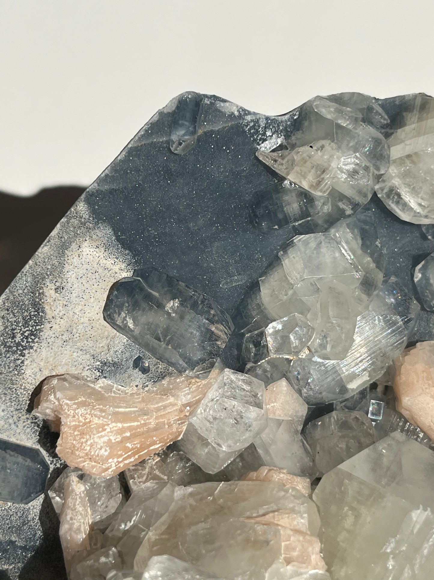 Blue Chalcedony and Apophyllite with Peach Stilbite Standing Geode Specimen A