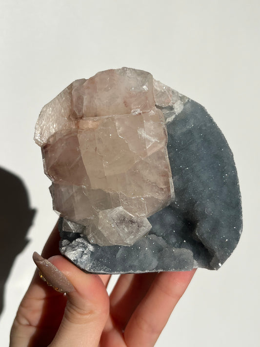 Blue Chalcedony and Apophyllite with Peach Stilbite Standing Geode Specimen B