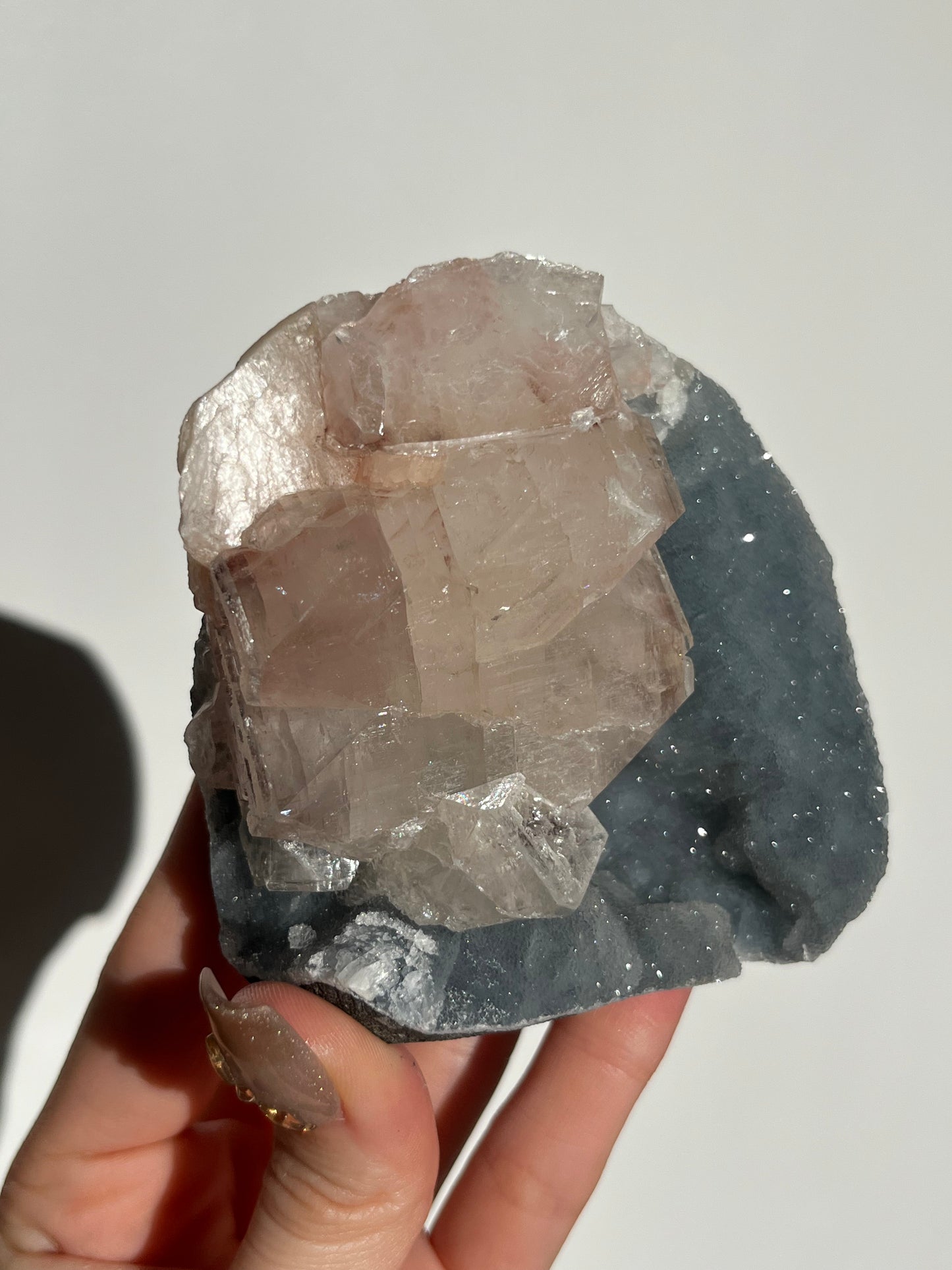 Blue Chalcedony and Apophyllite with Peach Stilbite Standing Geode Specimen B