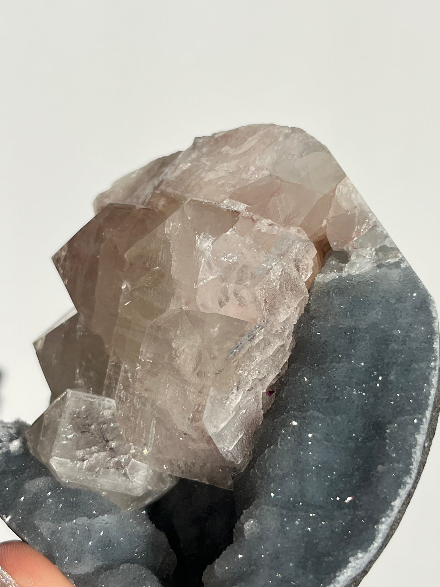 Blue Chalcedony and Apophyllite with Peach Stilbite Standing Geode Specimen B