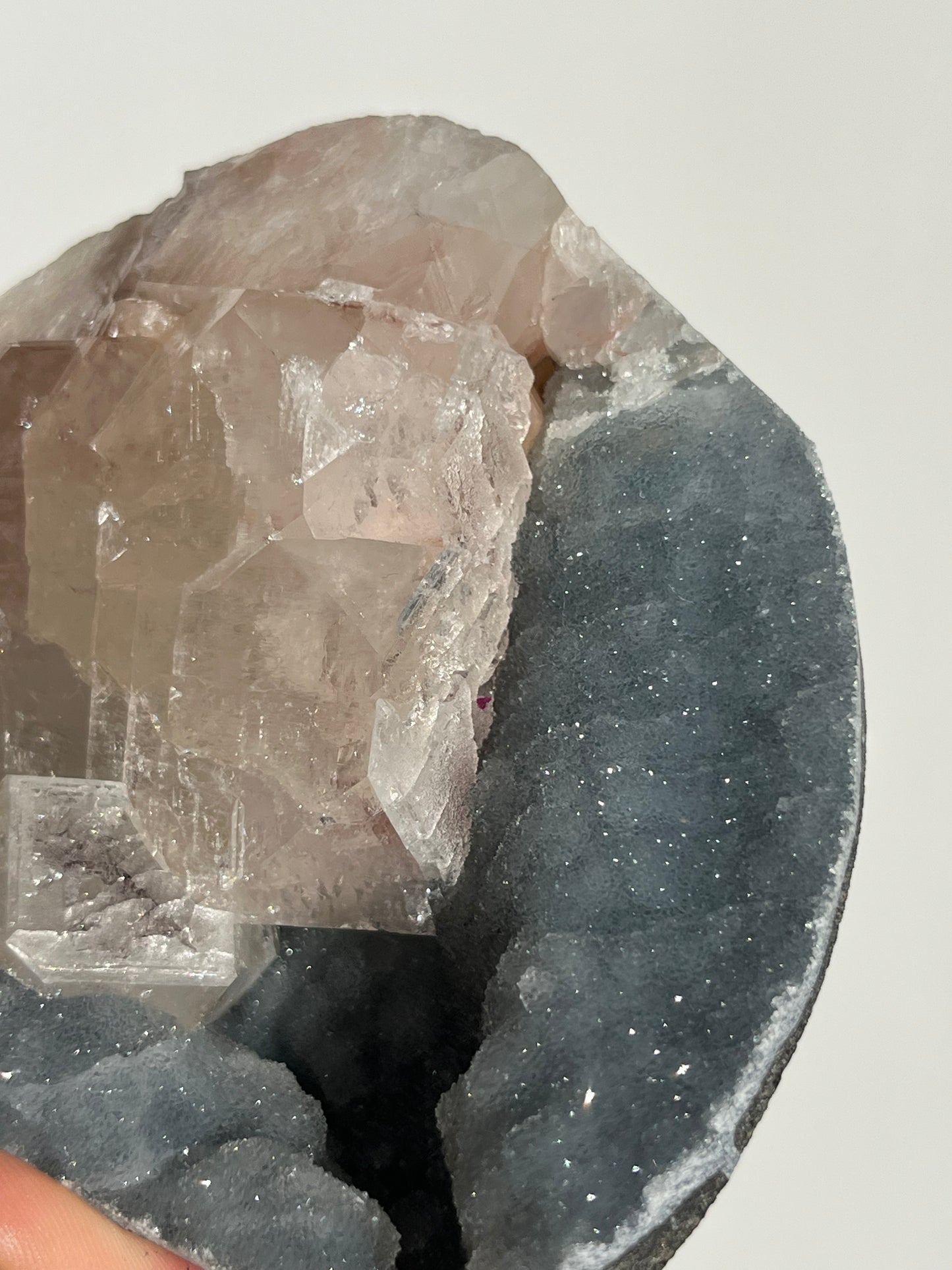 Blue Chalcedony and Apophyllite with Peach Stilbite Standing Geode Specimen B