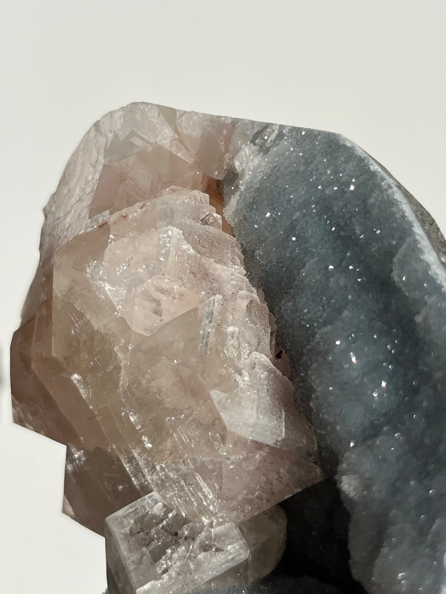 Blue Chalcedony and Apophyllite with Peach Stilbite Standing Geode Specimen B