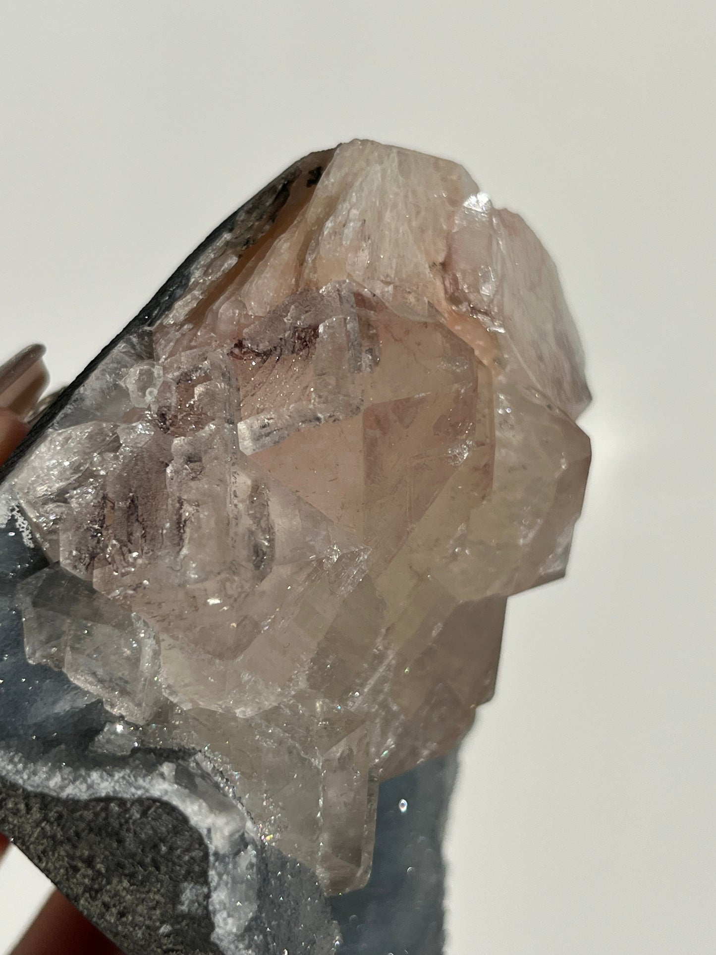 Blue Chalcedony and Apophyllite with Peach Stilbite Standing Geode Specimen B