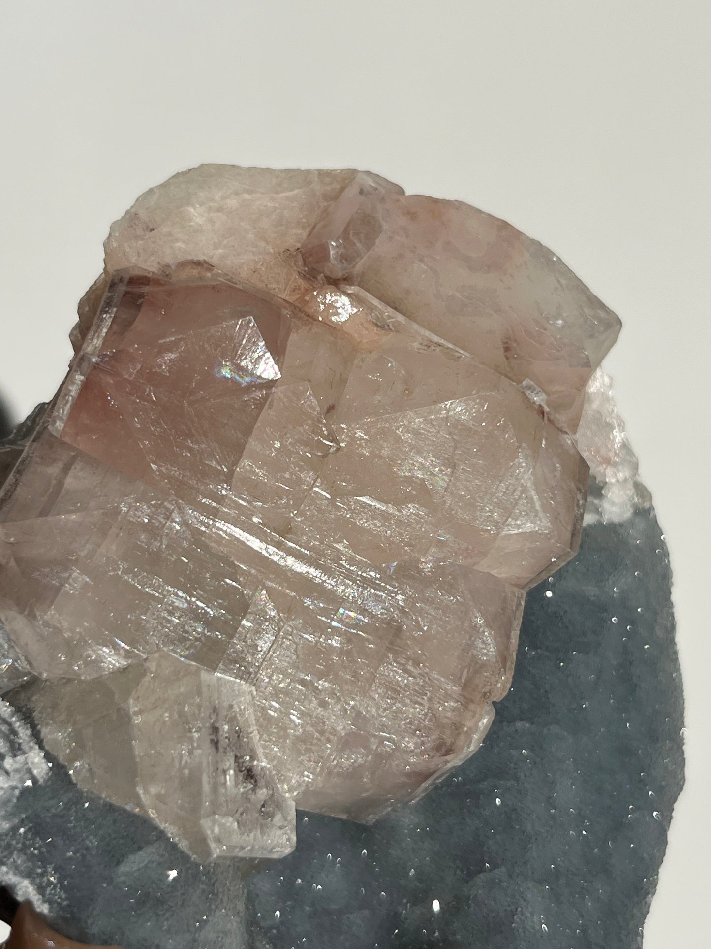 Blue Chalcedony and Apophyllite with Peach Stilbite Standing Geode Specimen B