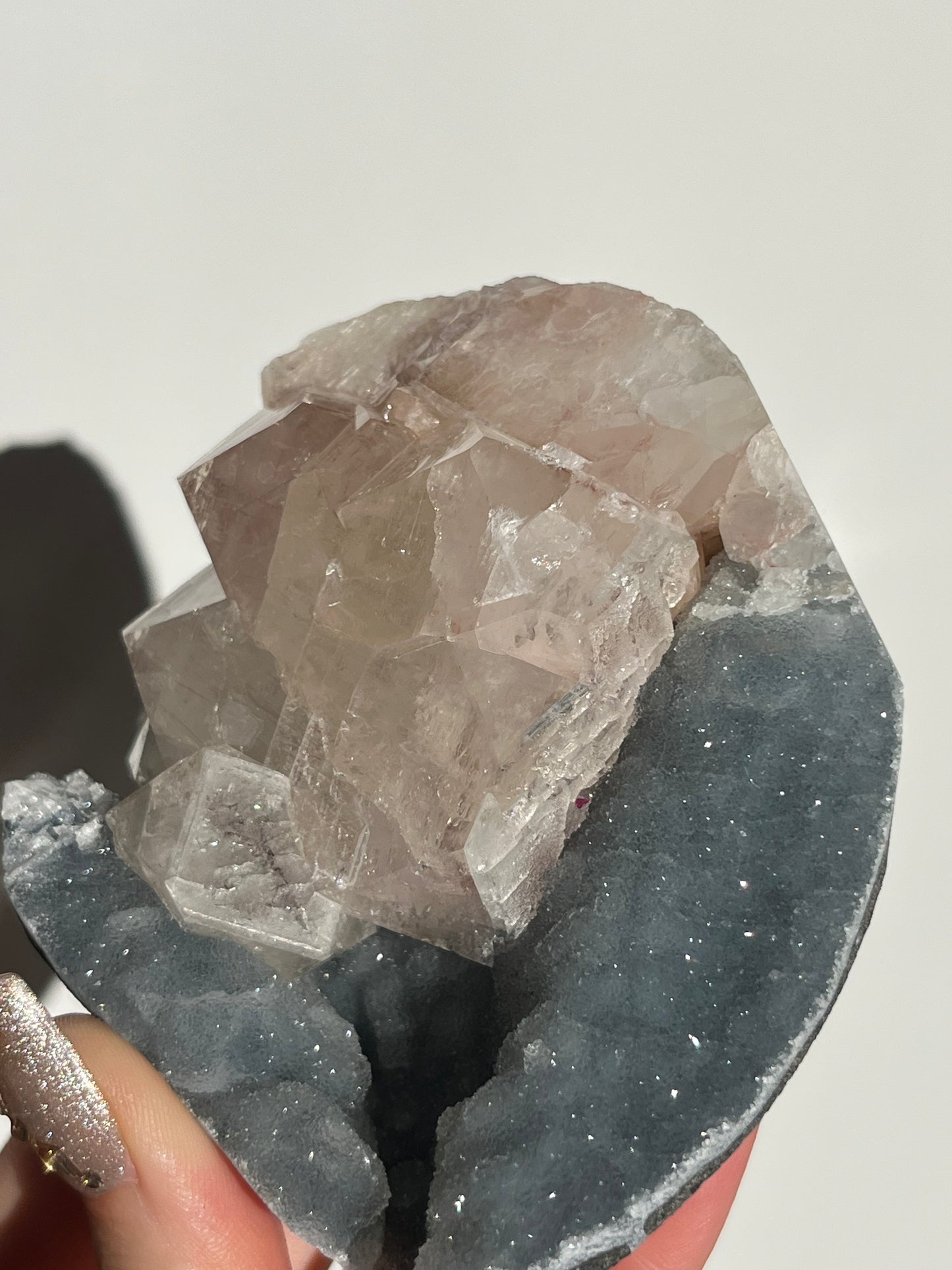 Blue Chalcedony and Apophyllite with Peach Stilbite Standing Geode Specimen B