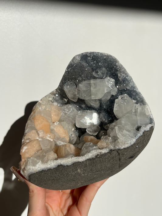 Blue Chalcedony and Apophyllite with Peach Stilbite Specimen D