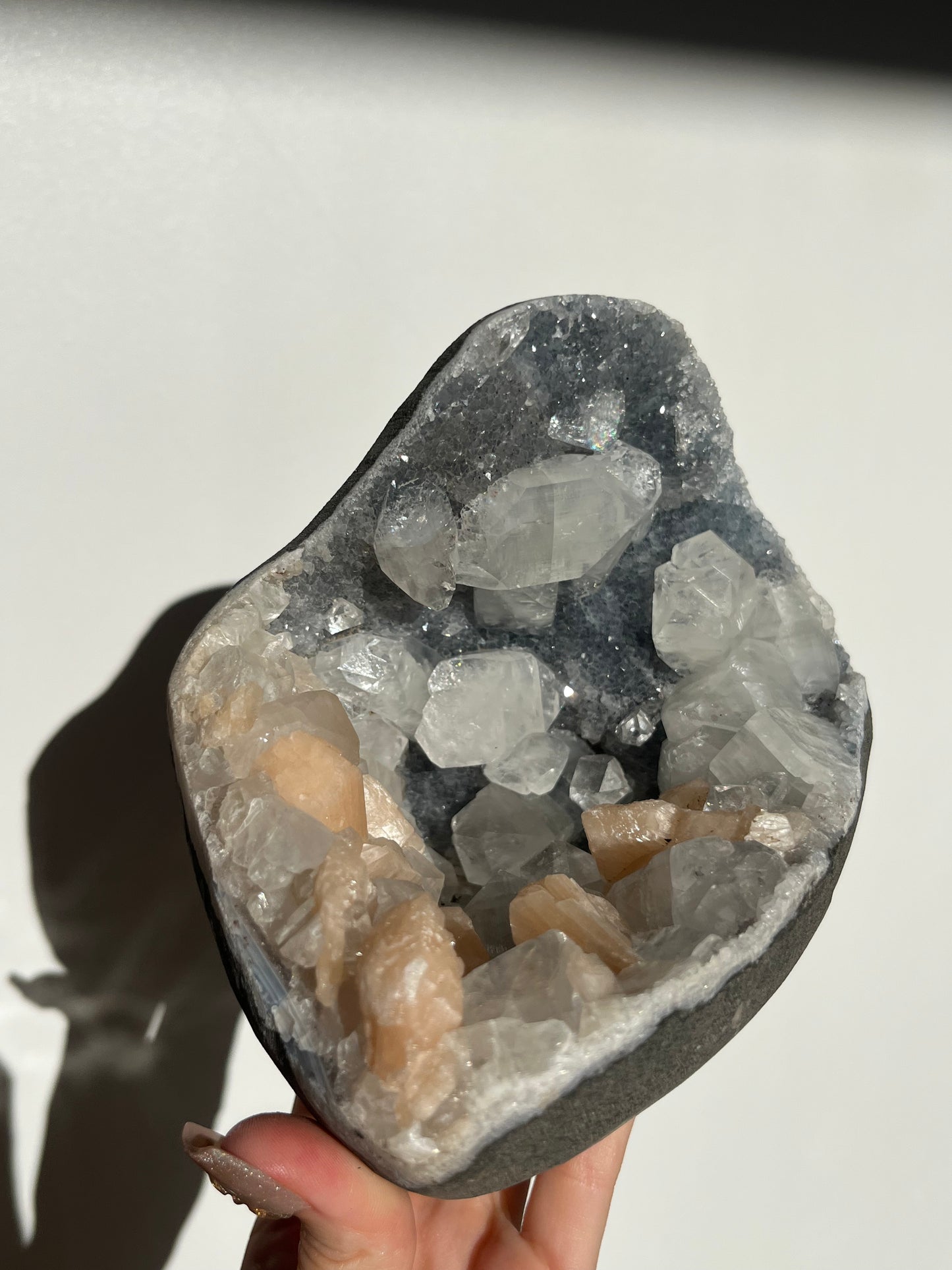 Blue Chalcedony and Apophyllite with Peach Stilbite Specimen D