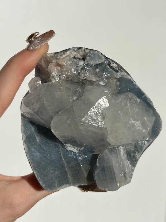 Blue Chalcedony and Apophyllite with Peach Stilbite Standing Geode Specimen G