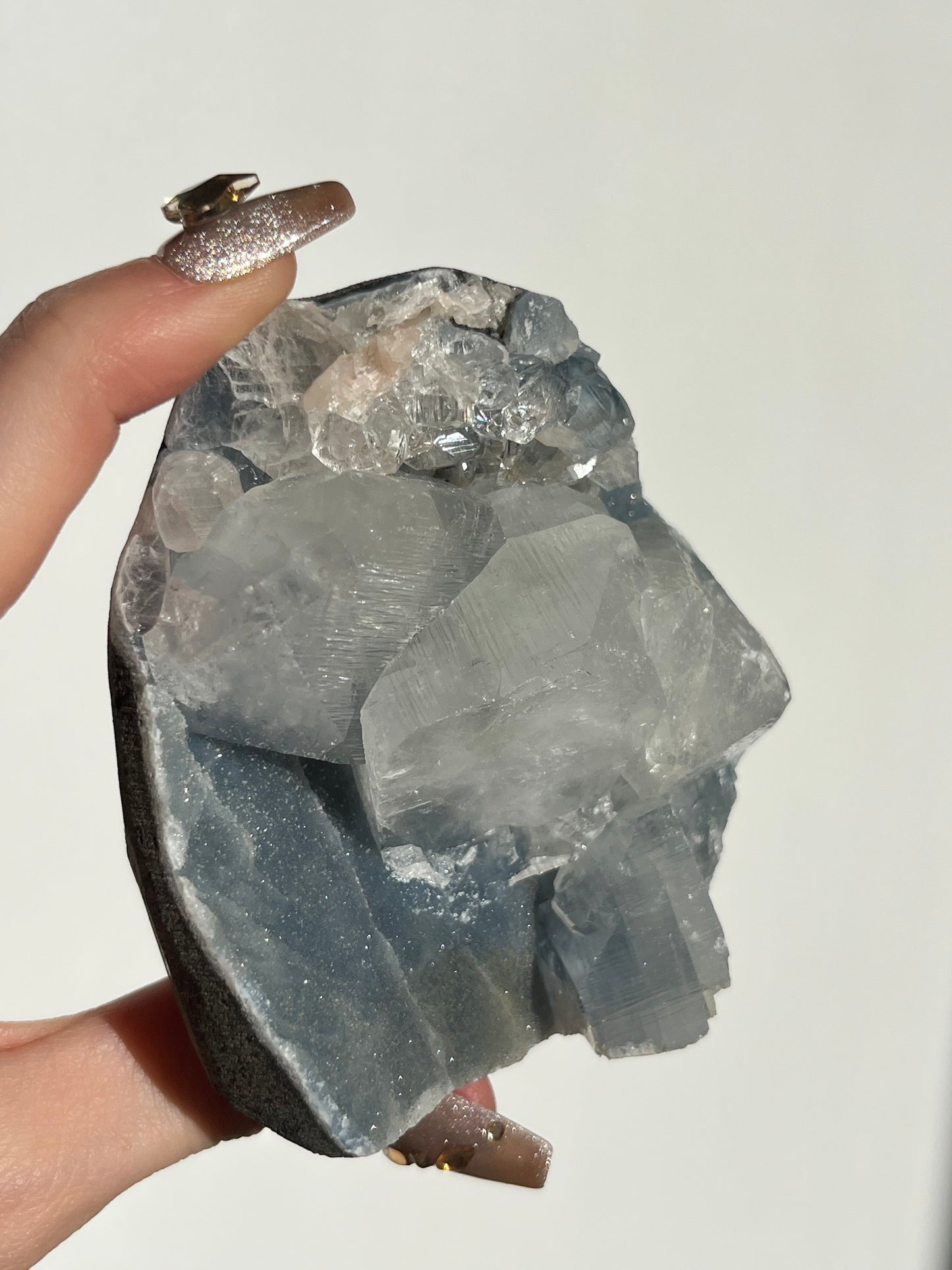 Blue Chalcedony and Apophyllite with Peach Stilbite Standing Geode Specimen G