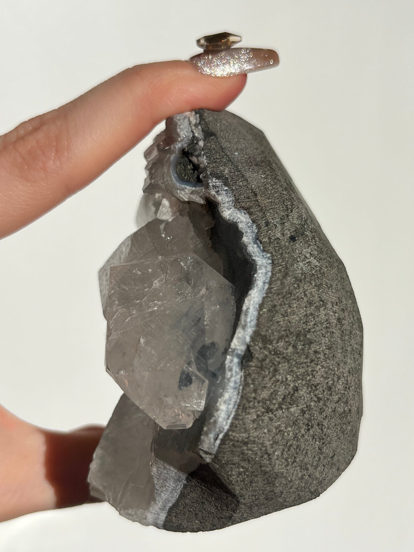 Blue Chalcedony and Apophyllite with Peach Stilbite Standing Geode Specimen G