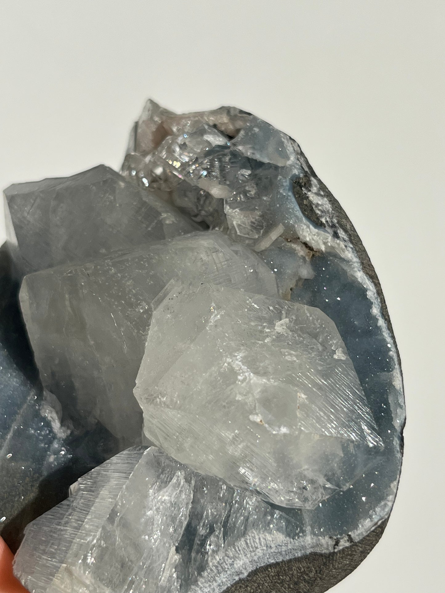 Blue Chalcedony and Apophyllite with Peach Stilbite Standing Geode Specimen G