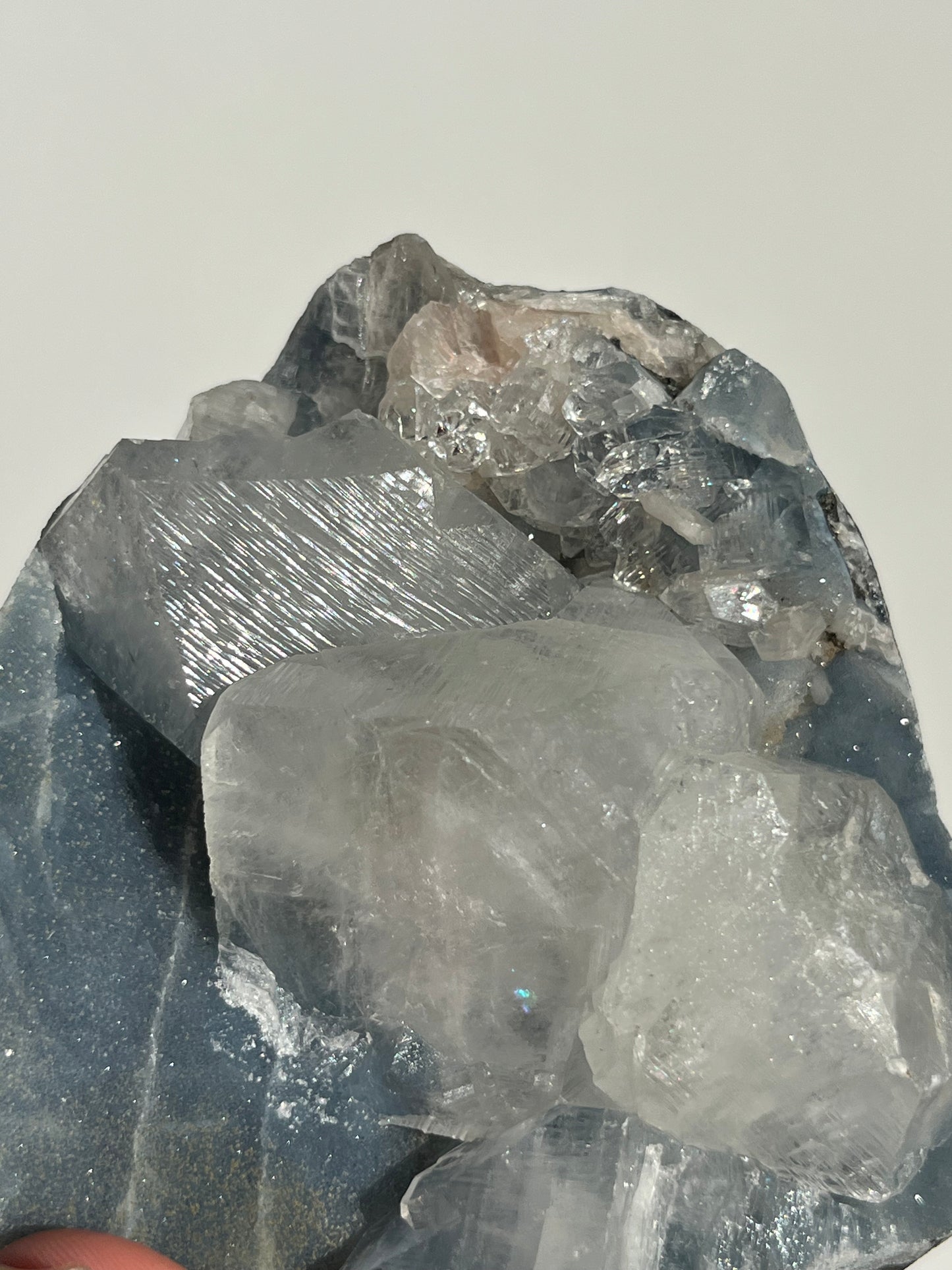 Blue Chalcedony and Apophyllite with Peach Stilbite Standing Geode Specimen G