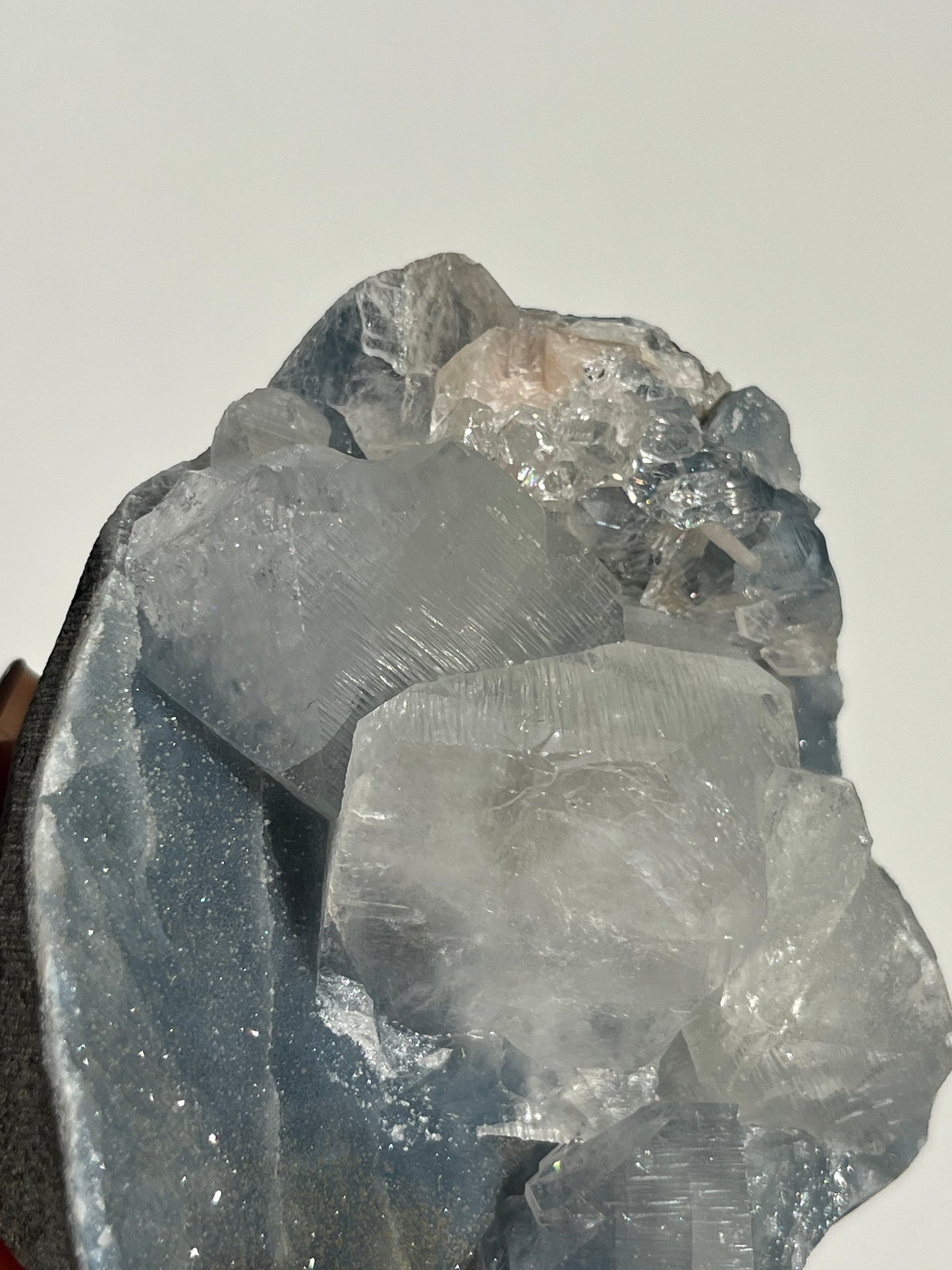 Blue Chalcedony and Apophyllite with Peach Stilbite Standing Geode Specimen G