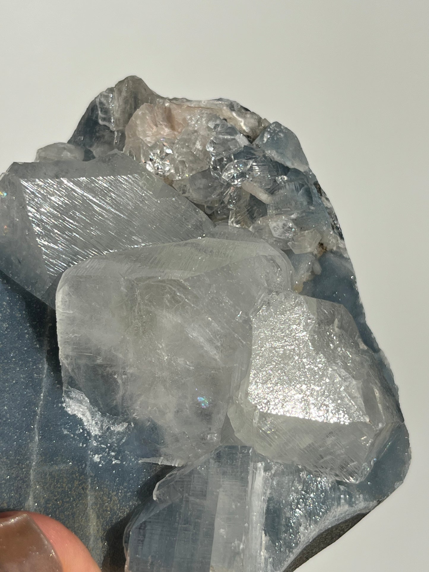 Blue Chalcedony and Apophyllite with Peach Stilbite Standing Geode Specimen G
