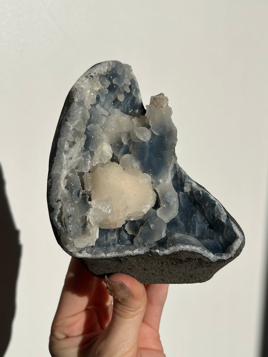 Pseudostalactitic Blue Chalcedony and Peach Stilbite Specimen Q