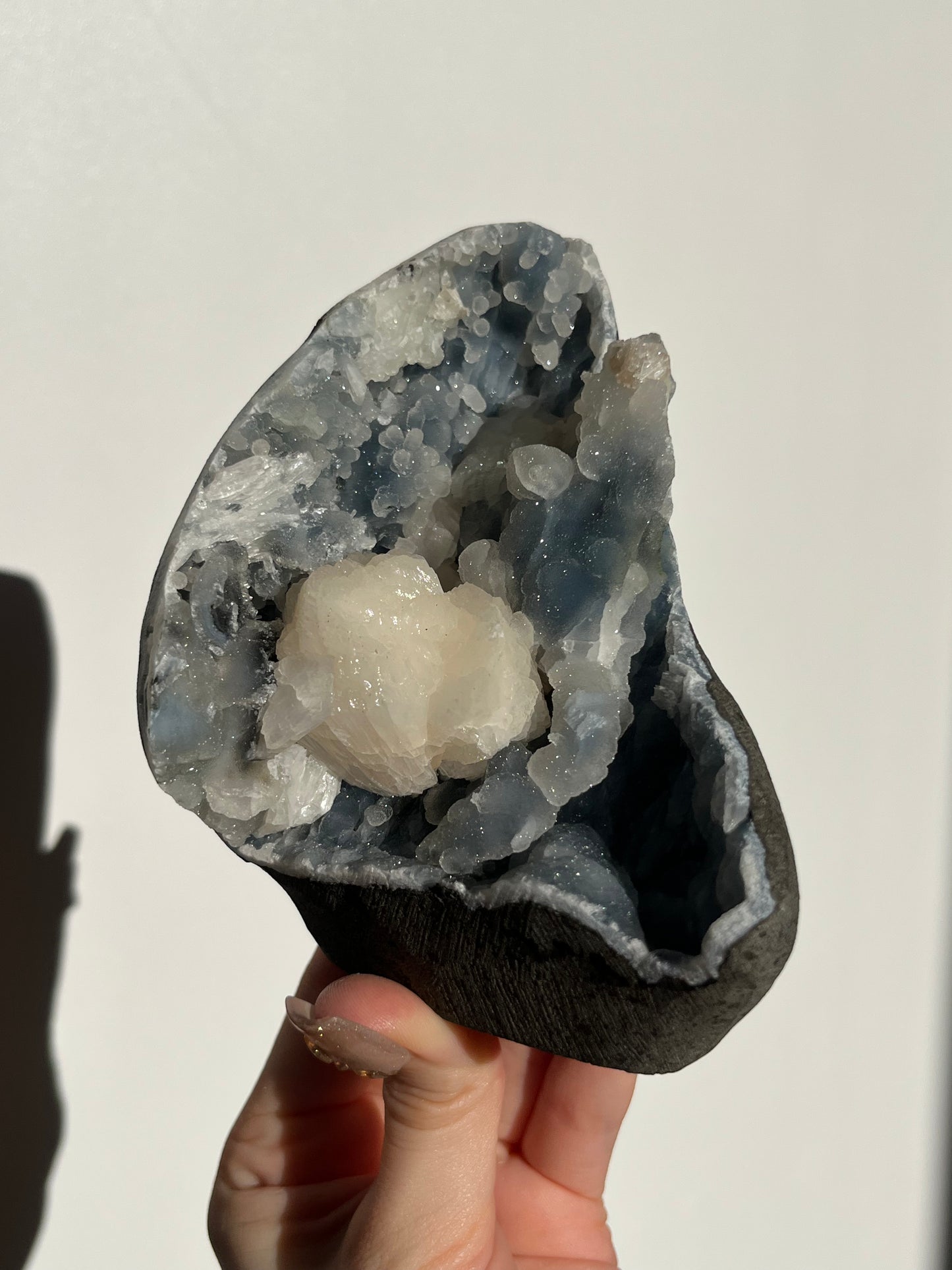 Pseudostalactitic Blue Chalcedony and Peach Stilbite Specimen Q