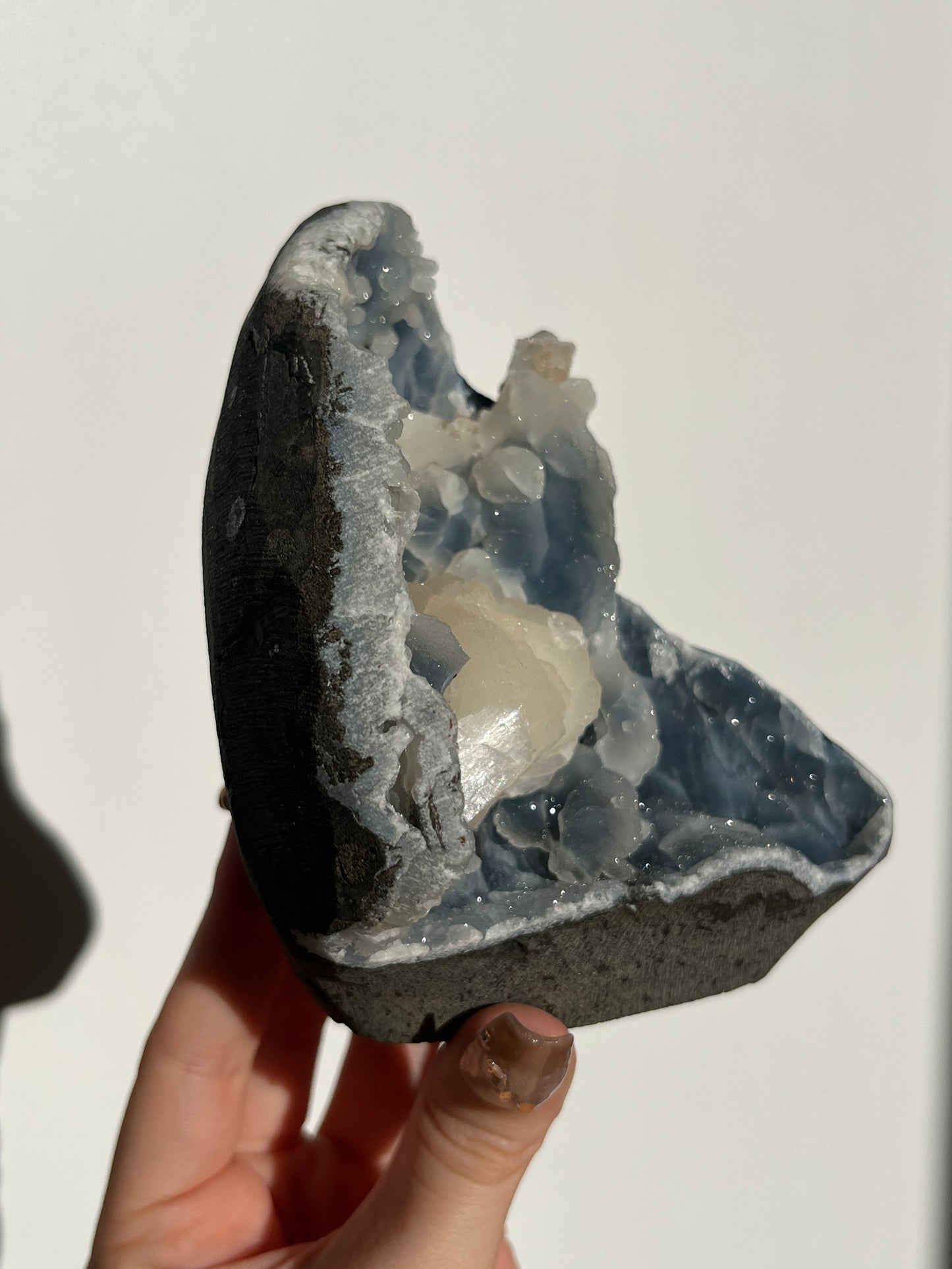 Pseudostalactitic Blue Chalcedony and Peach Stilbite Specimen Q