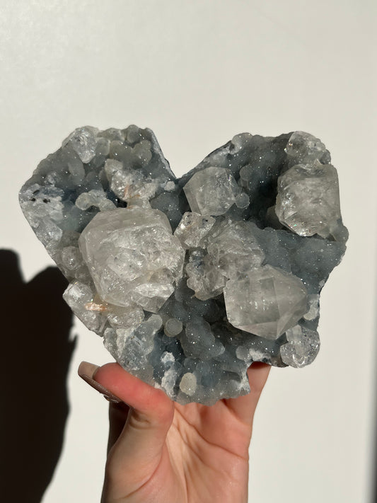 Heart Shaped Blue Chalcedony and Apophyllite with Stilbite Specimen S