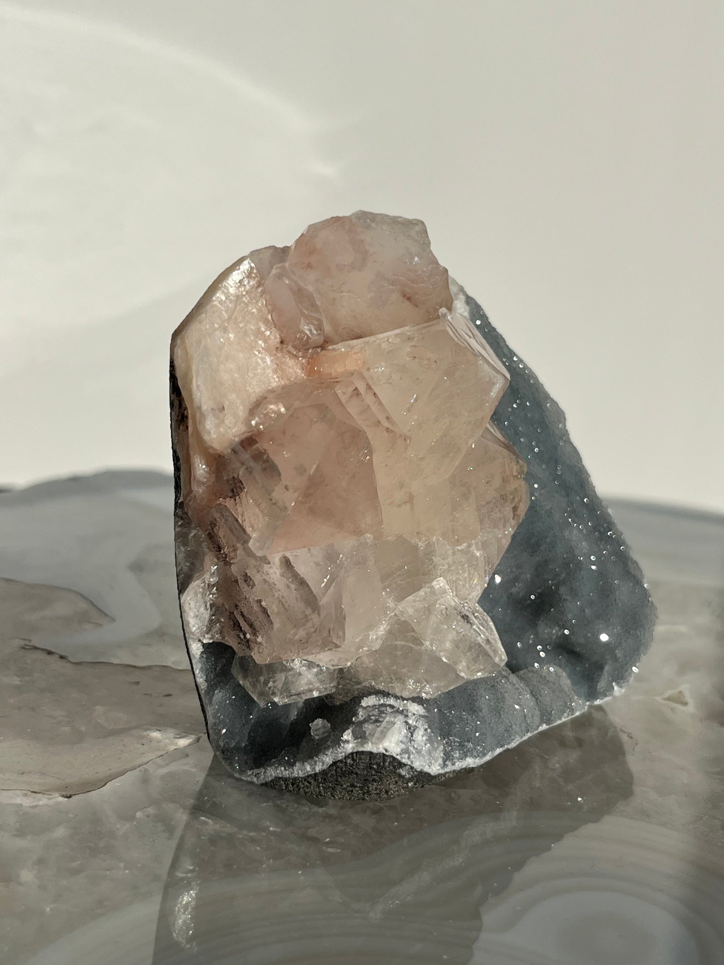 Blue Chalcedony and Apophyllite with Peach Stilbite Standing Geode Specimen B