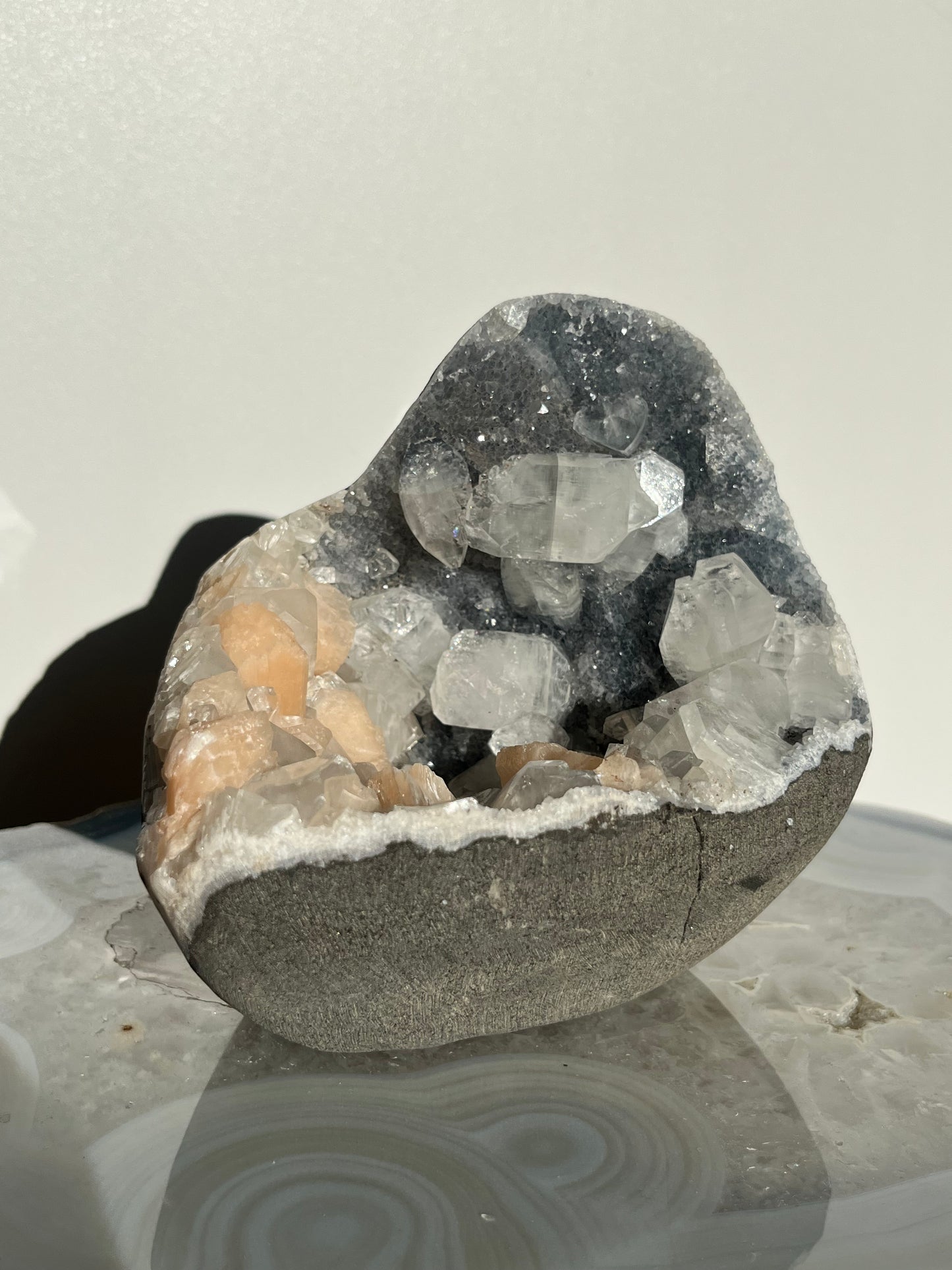 Blue Chalcedony and Apophyllite with Peach Stilbite Specimen D