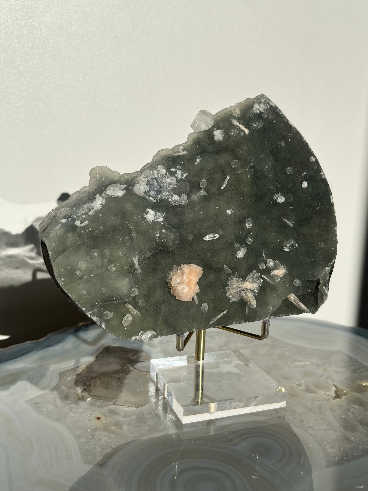Grey-Green Chalcedony and Apophyllite with Peach Stilbite Specimen F