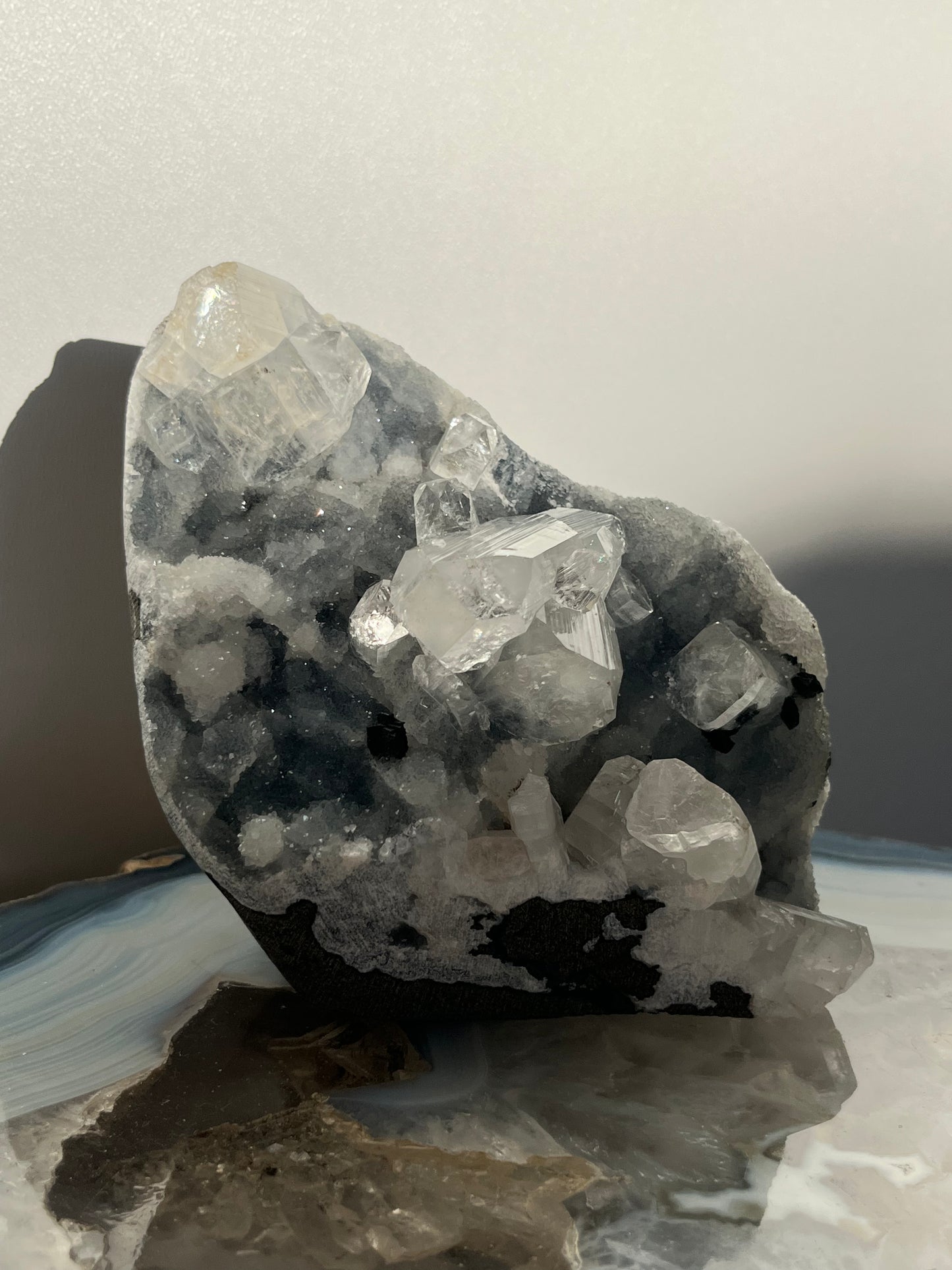 Blue Chalcedony and Apophyllite Standing Geode T