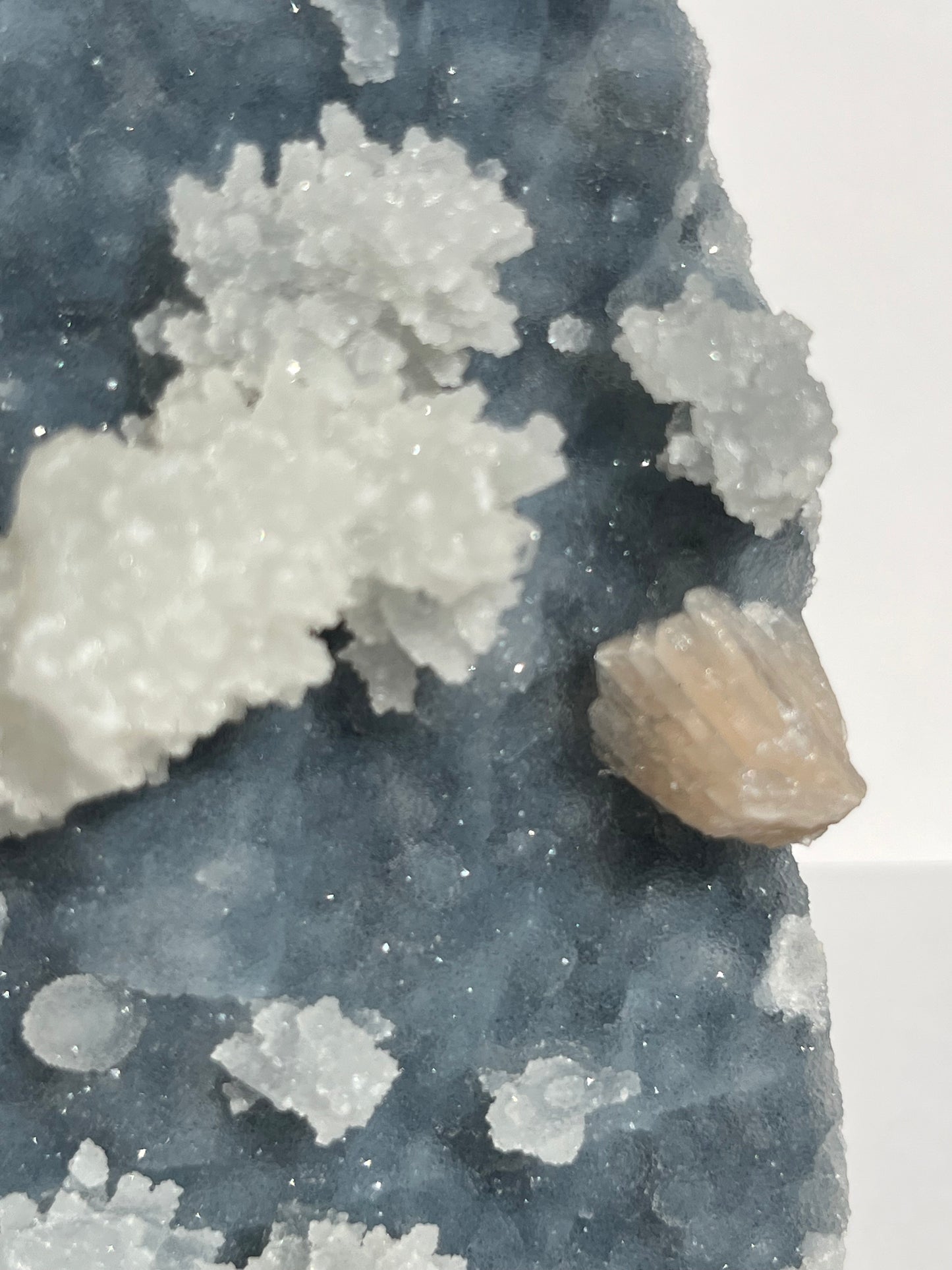 Blue Chalcedony with Flower Formations and Peach Stilbite Specimen A