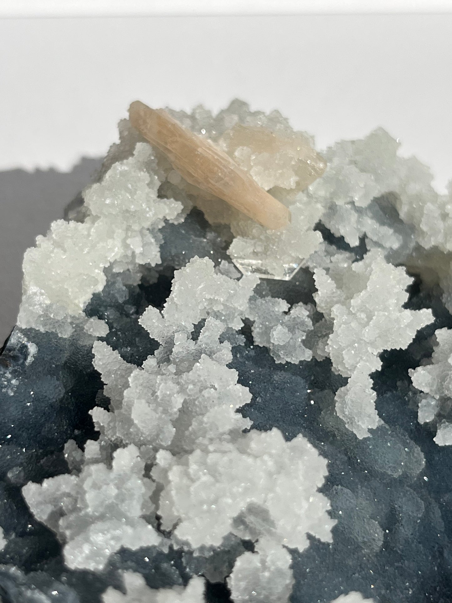 Blue Chalcedony with Flower Formations and Peach Stilbite Specimen B
