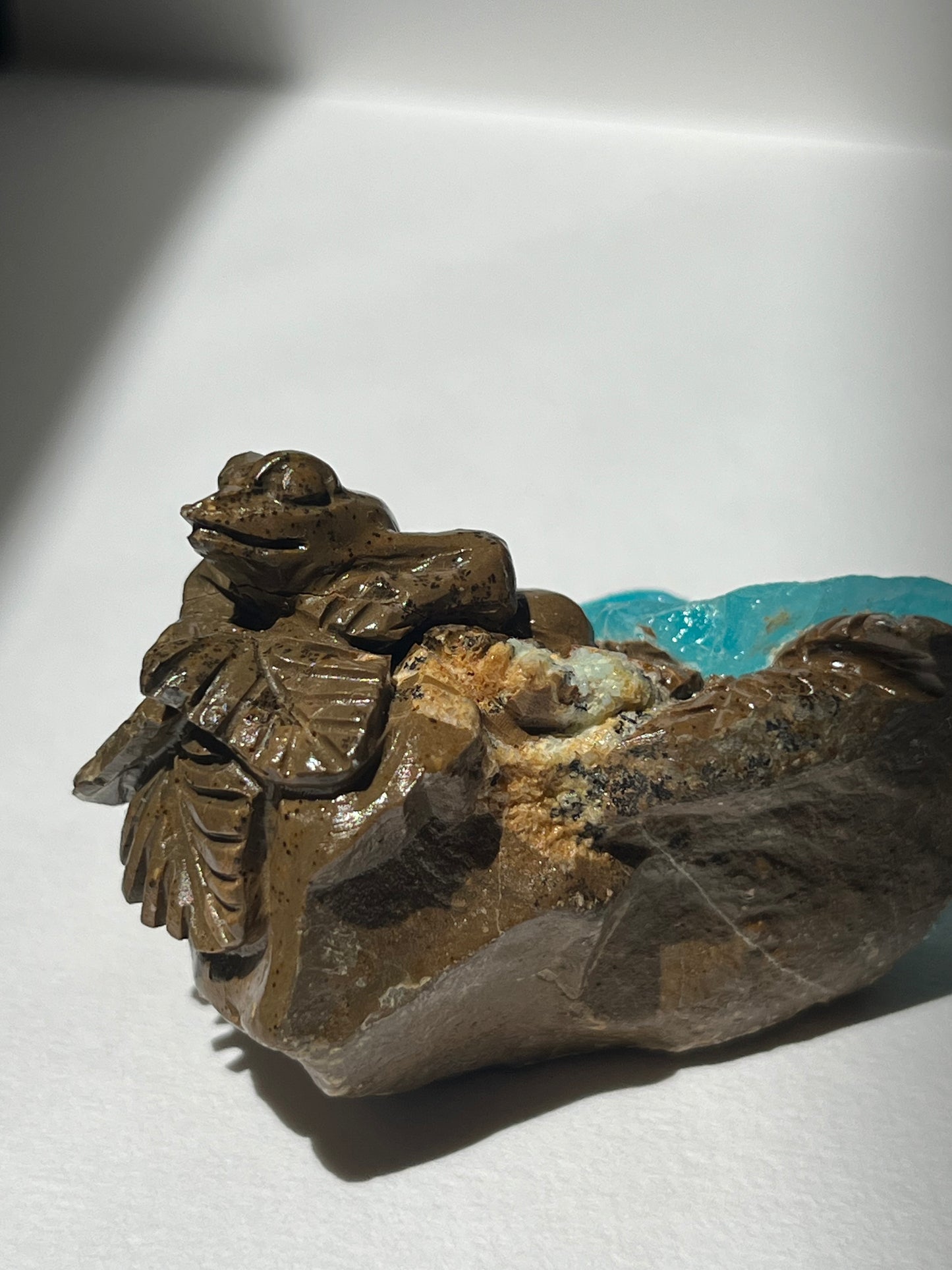 Blue Hemimorphite Frog Carving on Matrix with Dendritic Inclusions