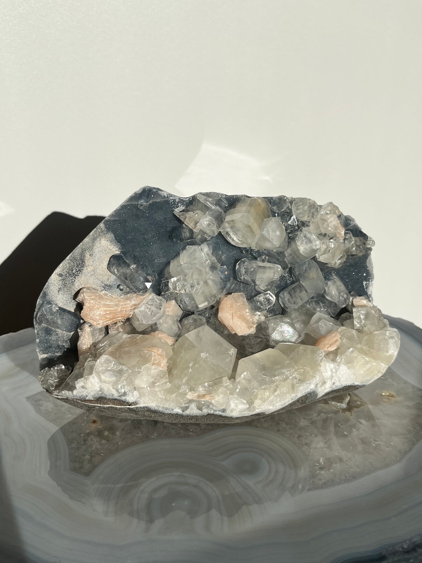 Blue Chalcedony and Apophyllite with Peach Stilbite Standing Geode Specimen A