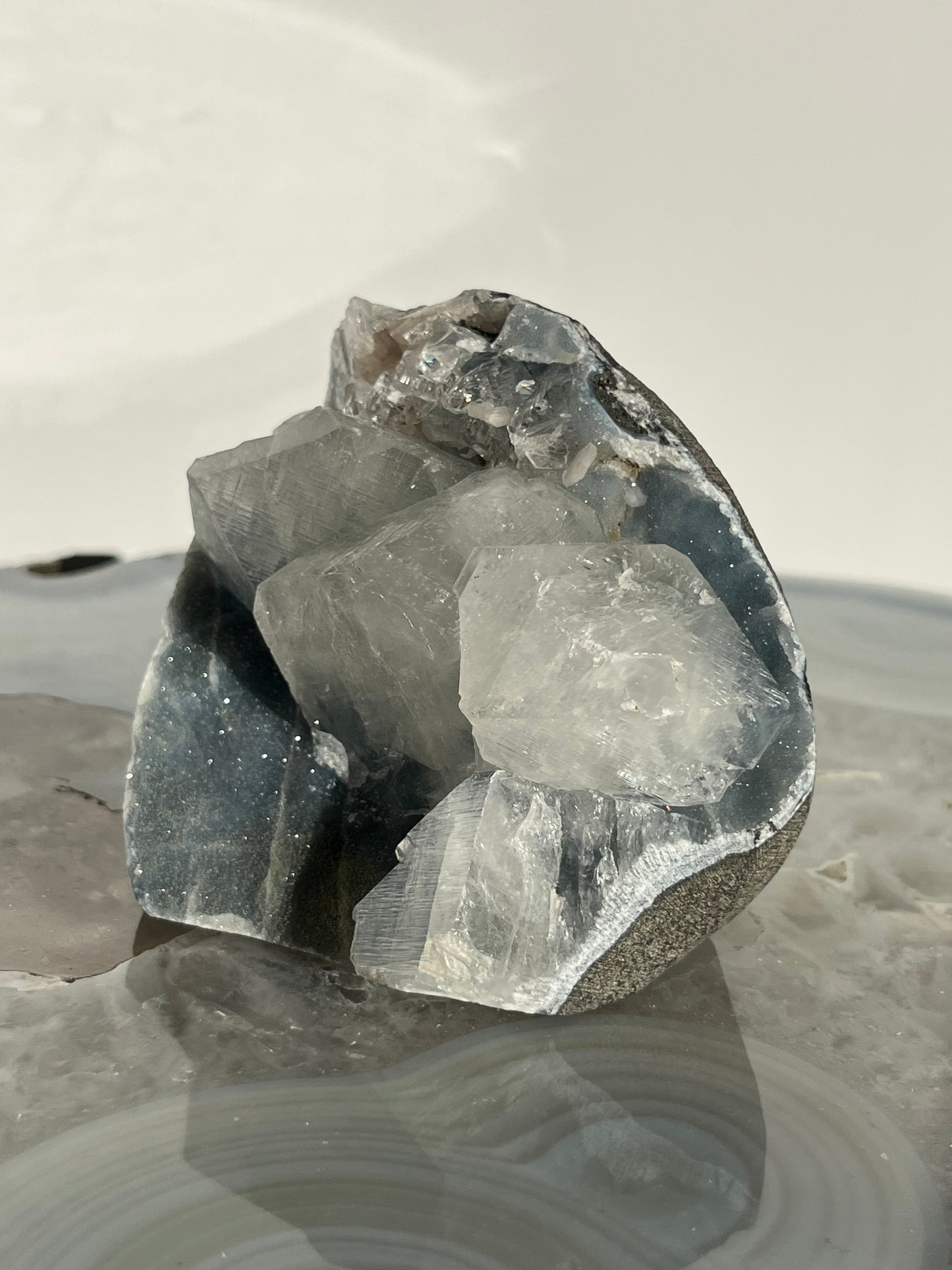 Blue Chalcedony and Apophyllite with Peach Stilbite Standing Geode Specimen G