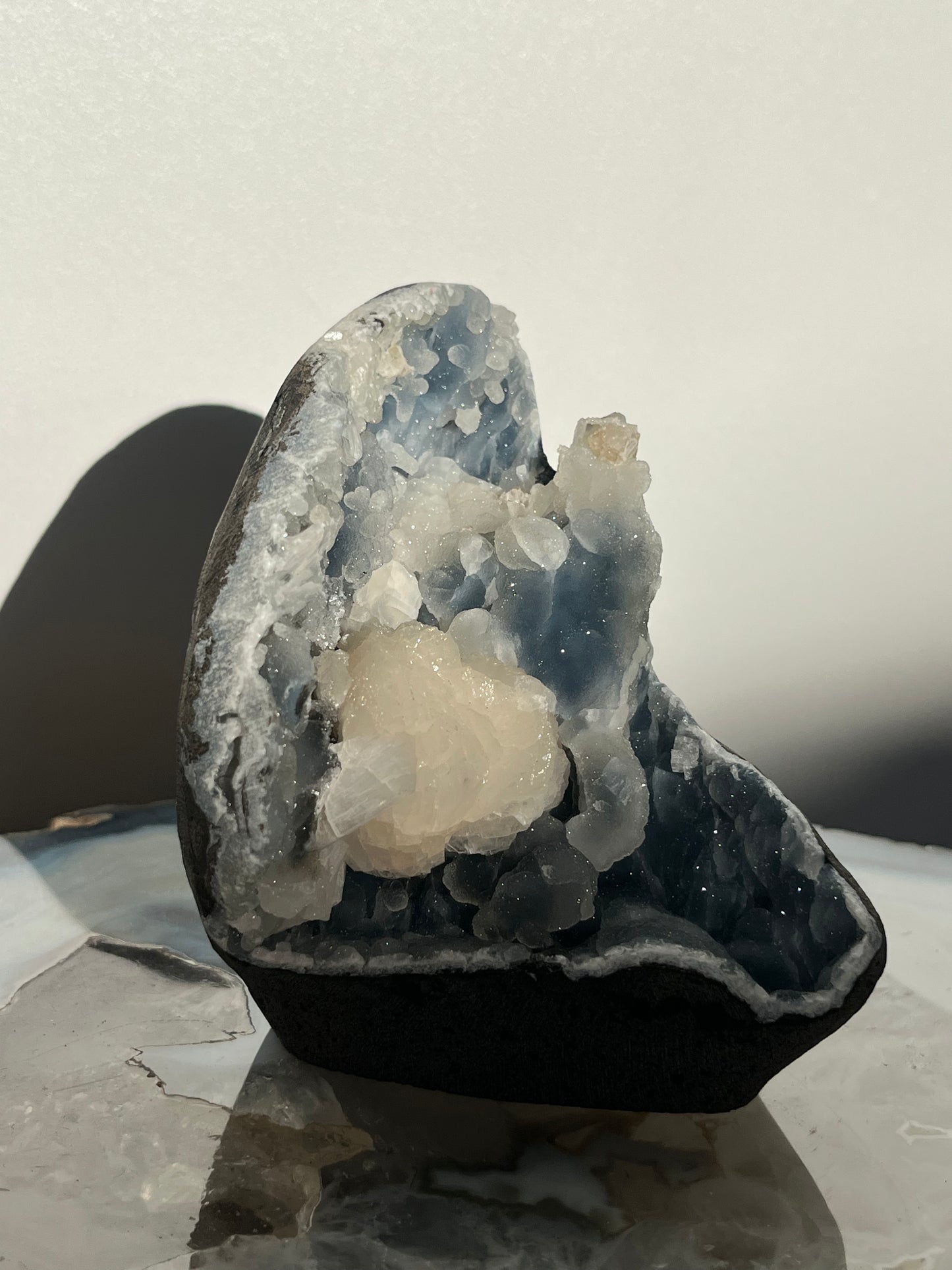 Pseudostalactitic Blue Chalcedony and Peach Stilbite Specimen Q