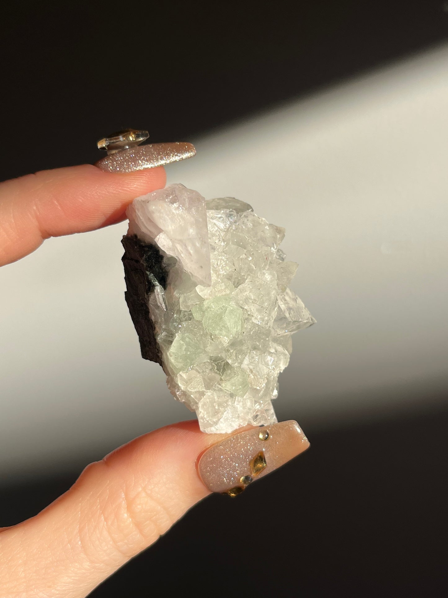 Botryoidal Prehnite with Quartz, Calcite and Analcime Mini Cluster E