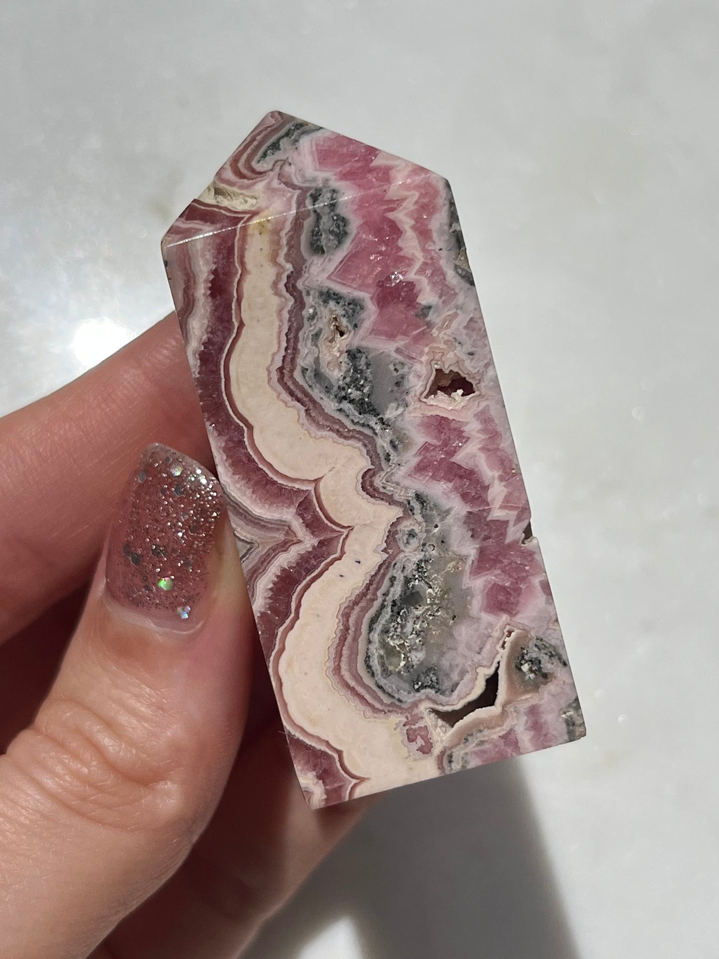 “Esmeralda” Banded Rhodochrosite Tower