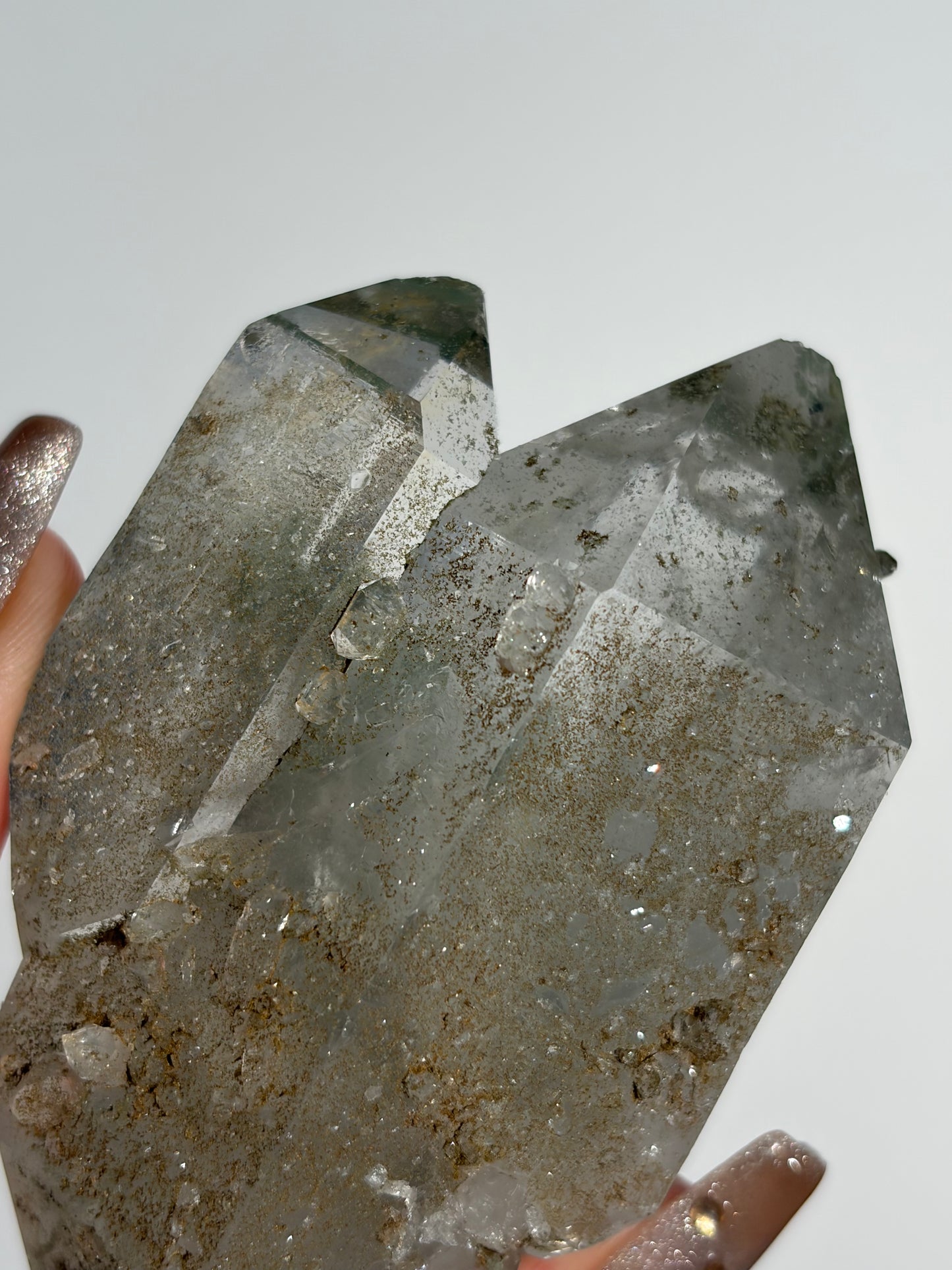 Doubly Terminated Twin Chlorite Included Quartz Specimen with Druzy Quartz Coating F