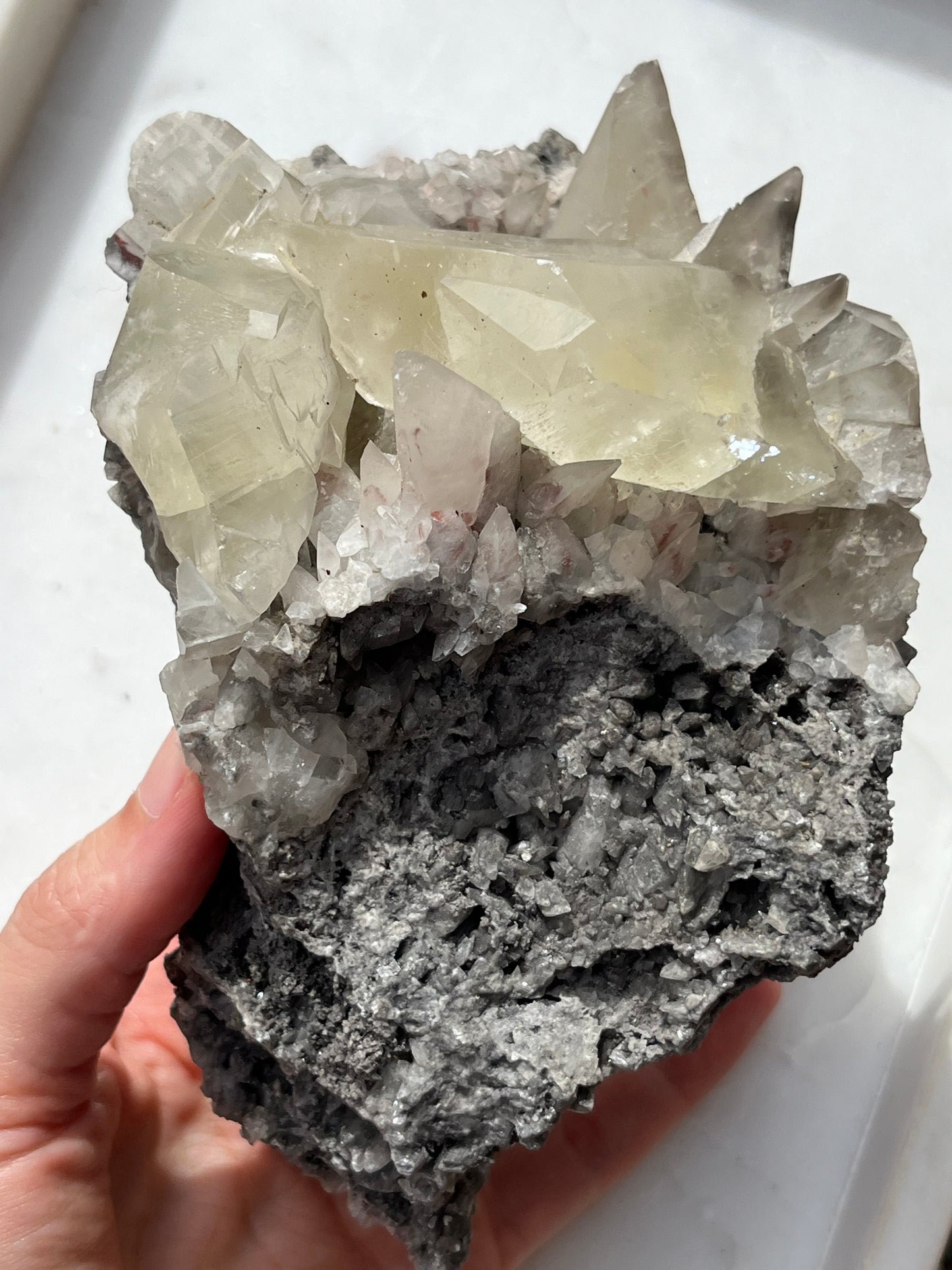 Grey & Pink Hematite Coated Yellow Calcite Specimen