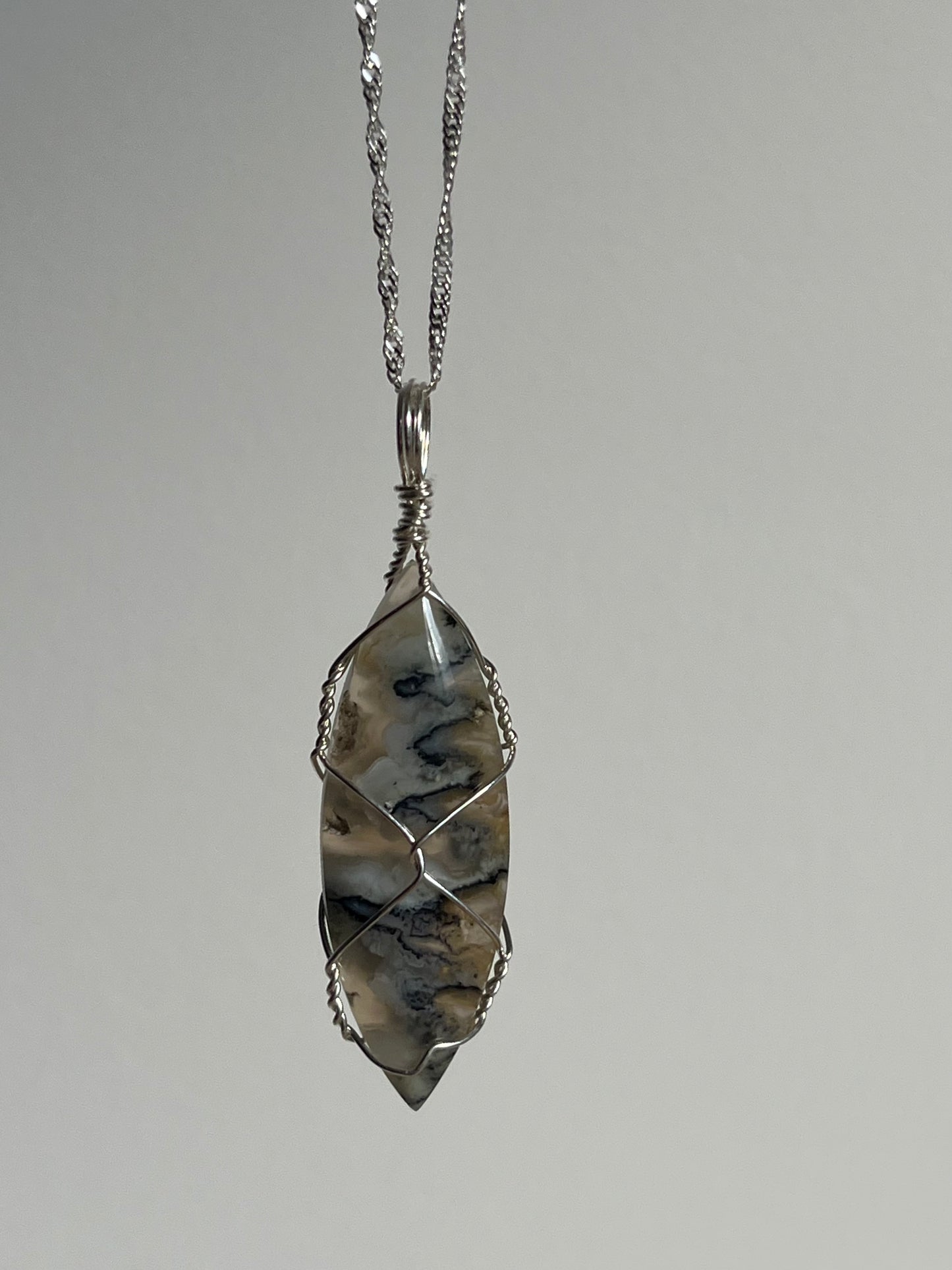 Flower Chalcedony with Dendritic Inclusions 925 Sterling Silver Wire Wrapped Pendant A
