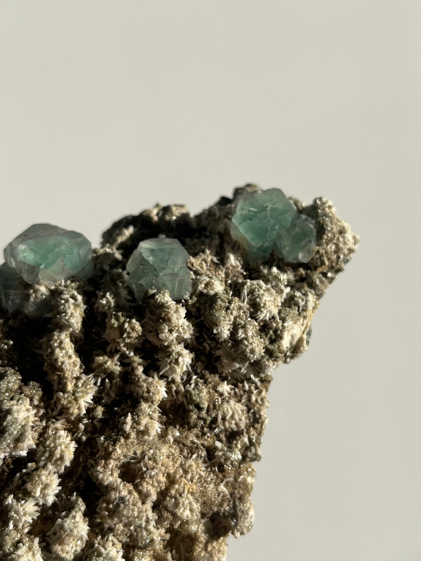 Green Fluorite on Acicular Aragonite Specimen with Muscovite, Tourmaline & Hyalite Opal